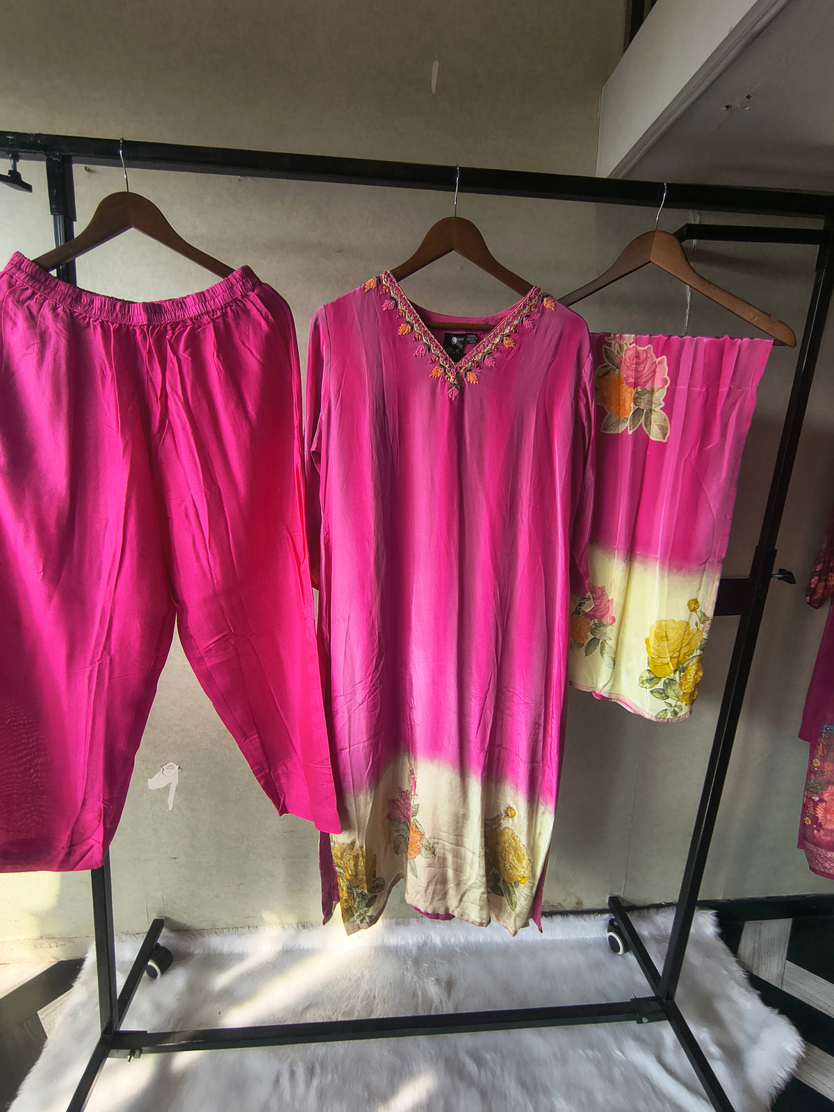 Premium Fuchsia Pink Floral Embroidered Kurta Set with Printed Dupatta