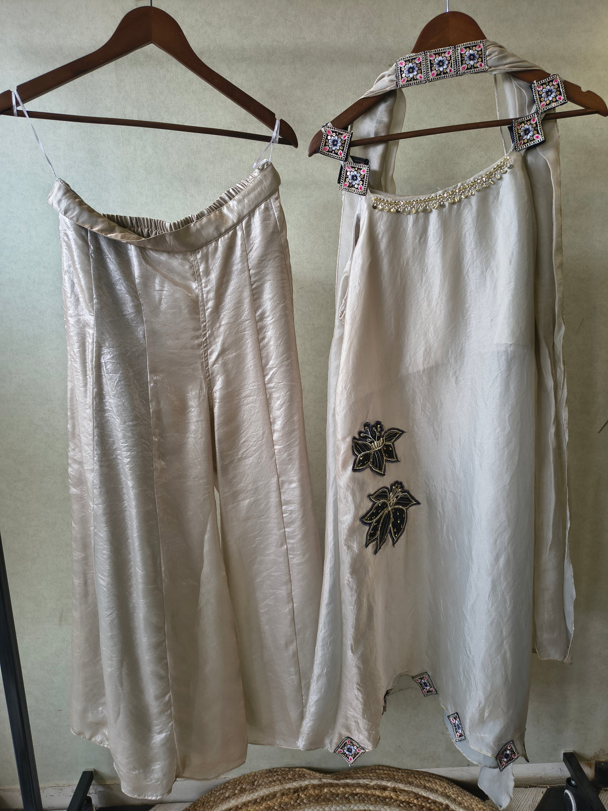 Ivory Designer A-Line Dress with Handcrafted Floral Appliqué & Embellished Scarf