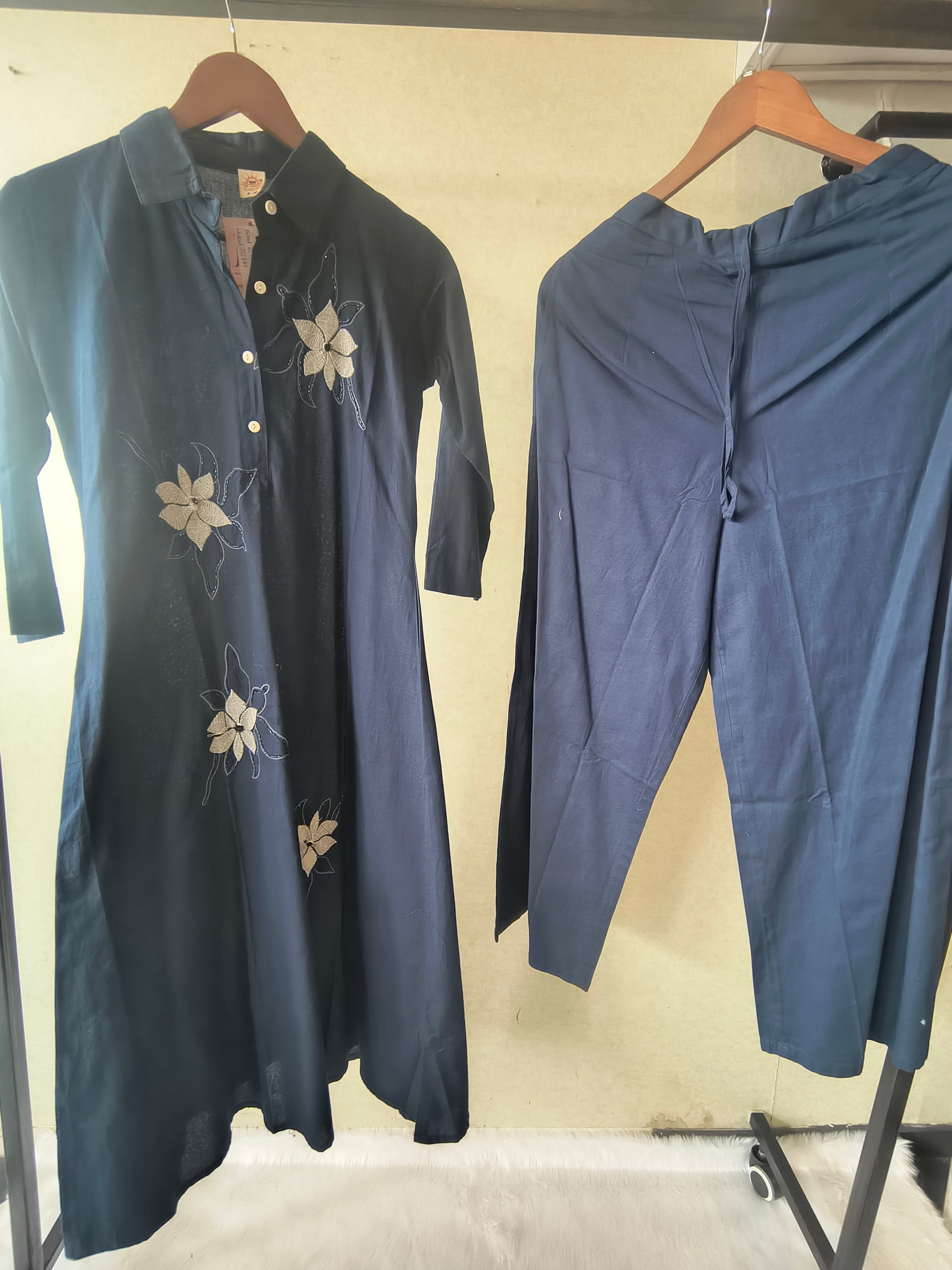 Image of Tadko Premium Navy Blue A-Line Kurta Set with Floral Appliqué Embroidery & Straight Pants