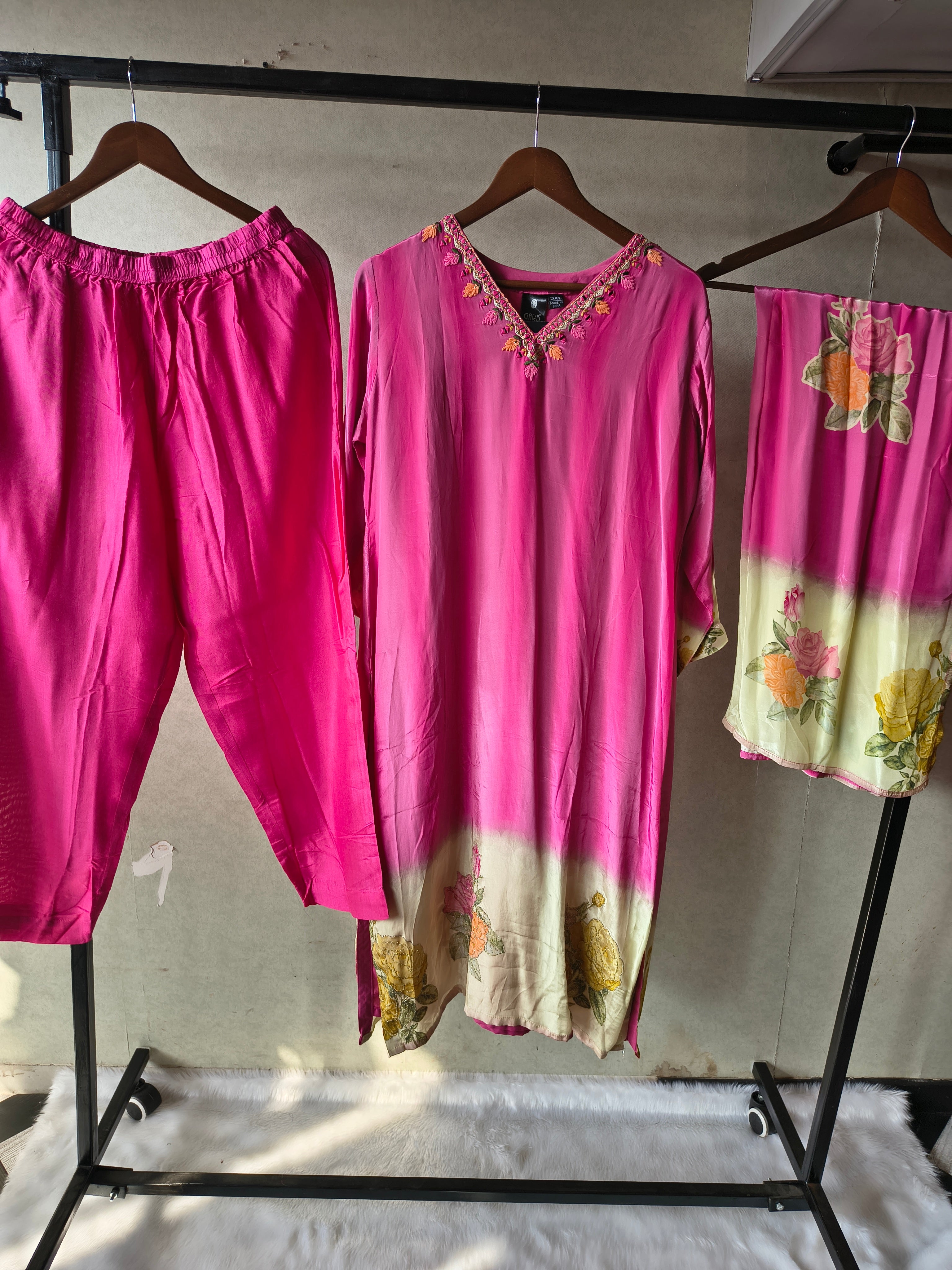 Image of Premium Fuchsia Pink Floral Embroidered Kurta Set with Printed Dupatta