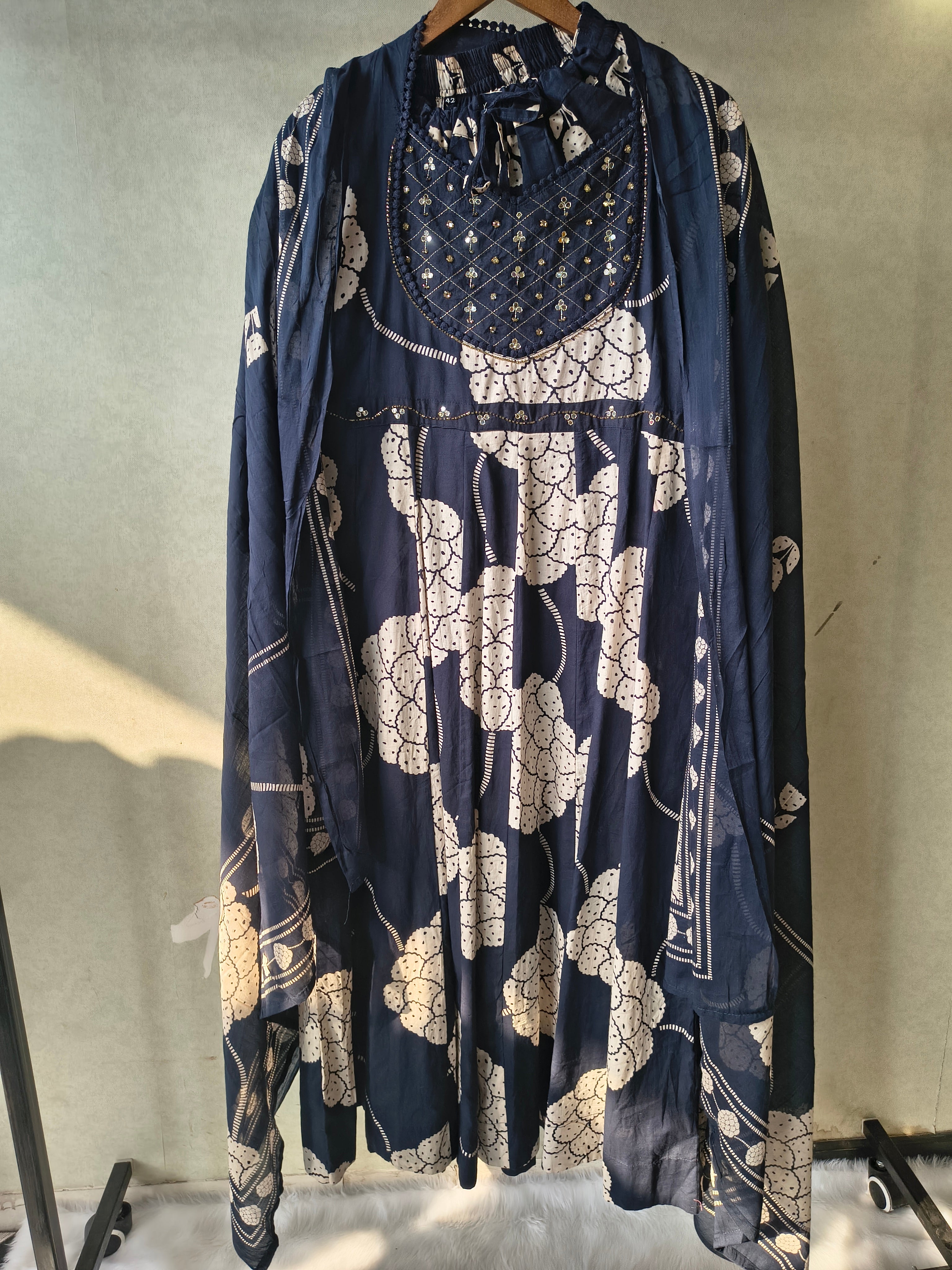 Image of Premium Navy Blue Handblock Printed Cotton Anarkali Suit Set with Printed Pants & Dupatta