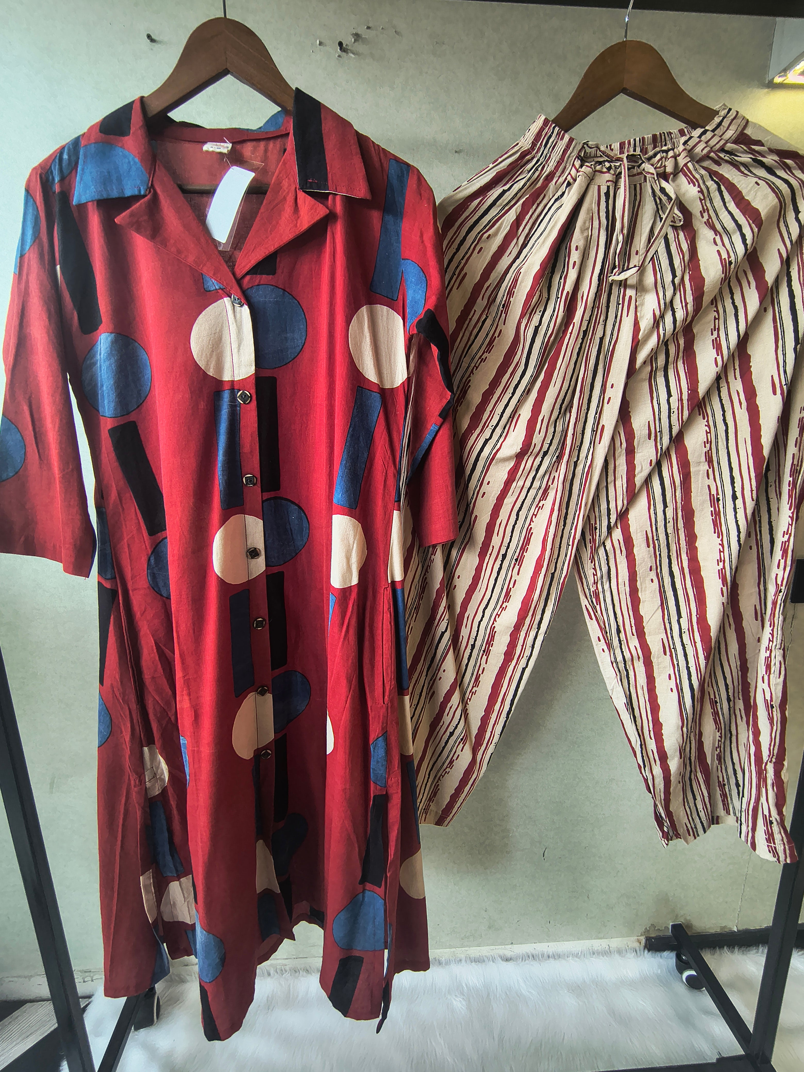 Image of Premium Rust Red Abstract Printed Shirt Kurta with Striped Relaxed Pants Co-Ord Set