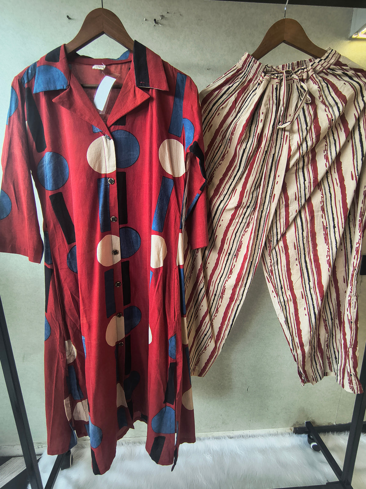 Premium Rust Red Abstract Printed Shirt Kurta with Striped Relaxed Pants Co-Ord Set