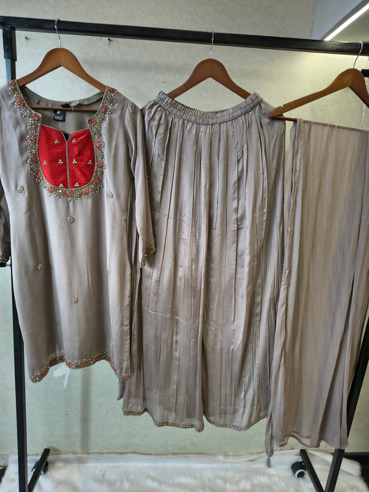 Pearl Grey Embellished Straight Kurta Set with Handcrafted Neckline, Wide Palazzo & Chiffon Dupatta | Premium 3 Piece Festive Ensemble