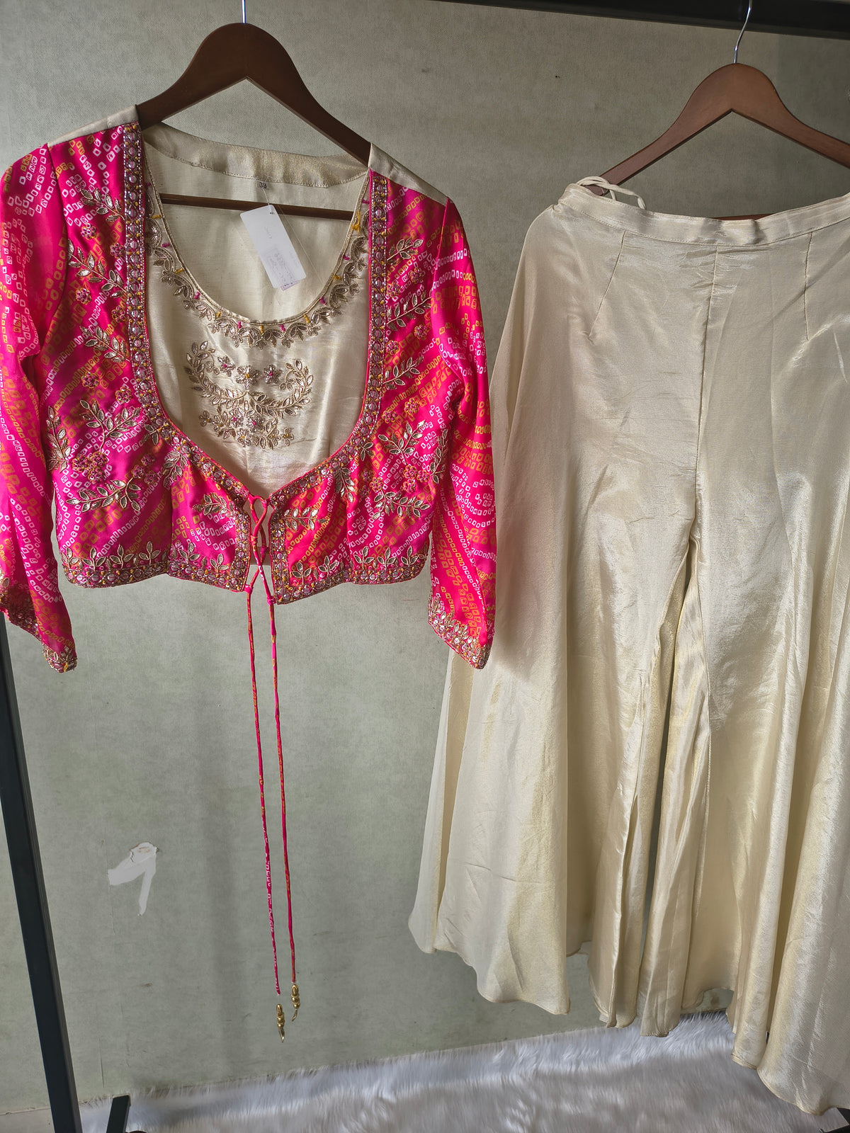Premium Hot Pink Bandhani Print Embroidered Jacket Blouse with Ivory Flared Palazzo Set