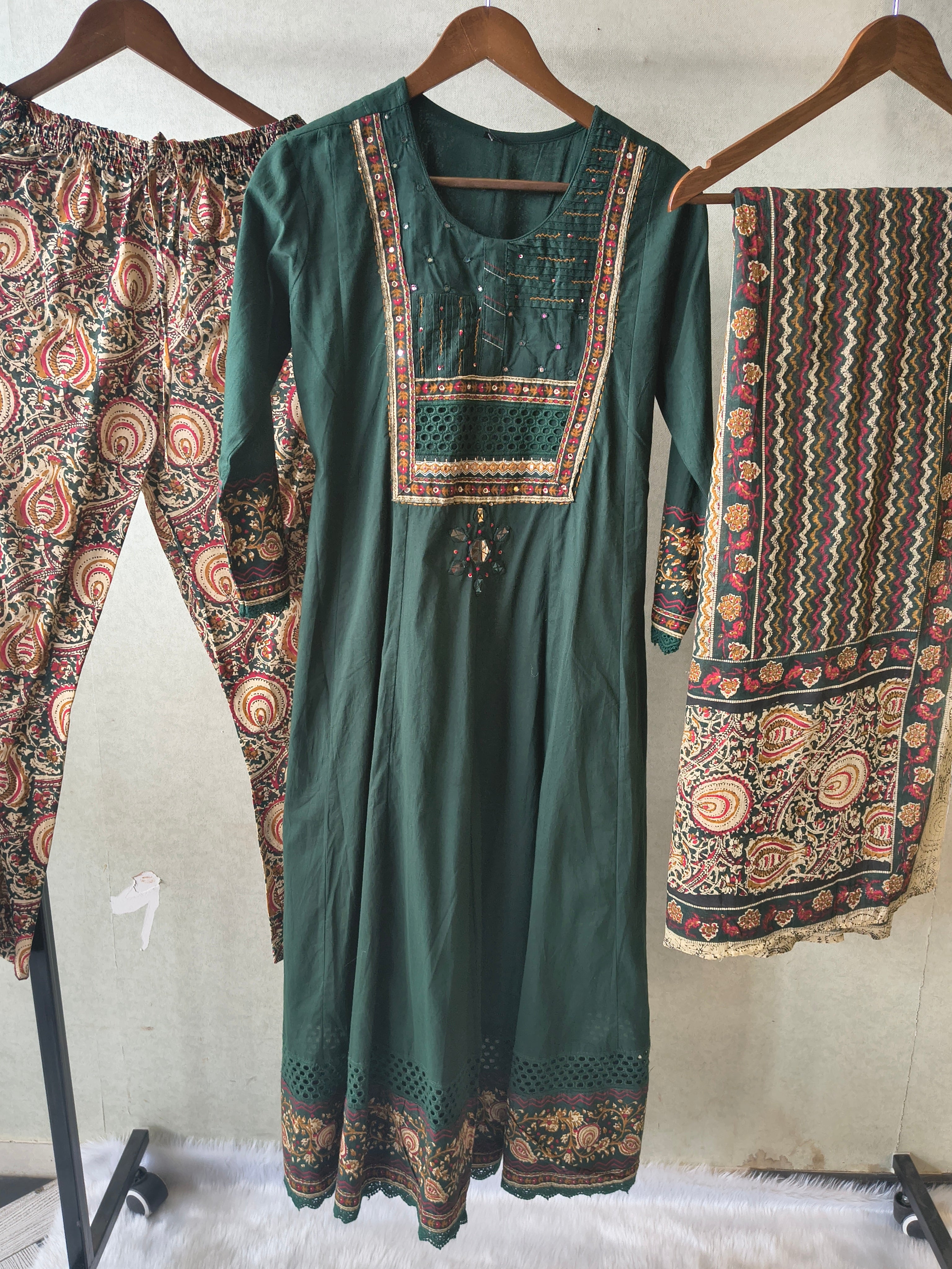 Image of Emerald Green Embroidered Three-Piece Kurta Set with Printed Pant & Designer Dupatta
