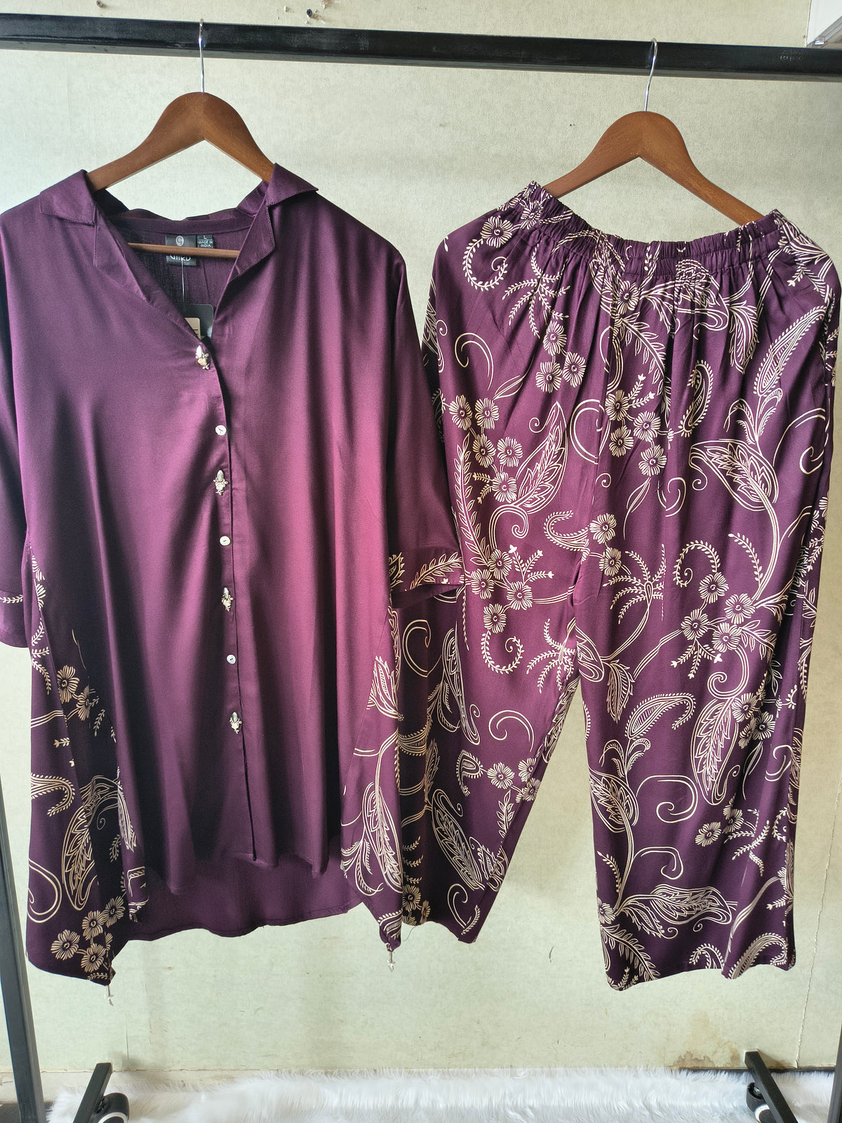 Premium Plum Satin Co-Ord Kurta Set with Printed Straight Pants