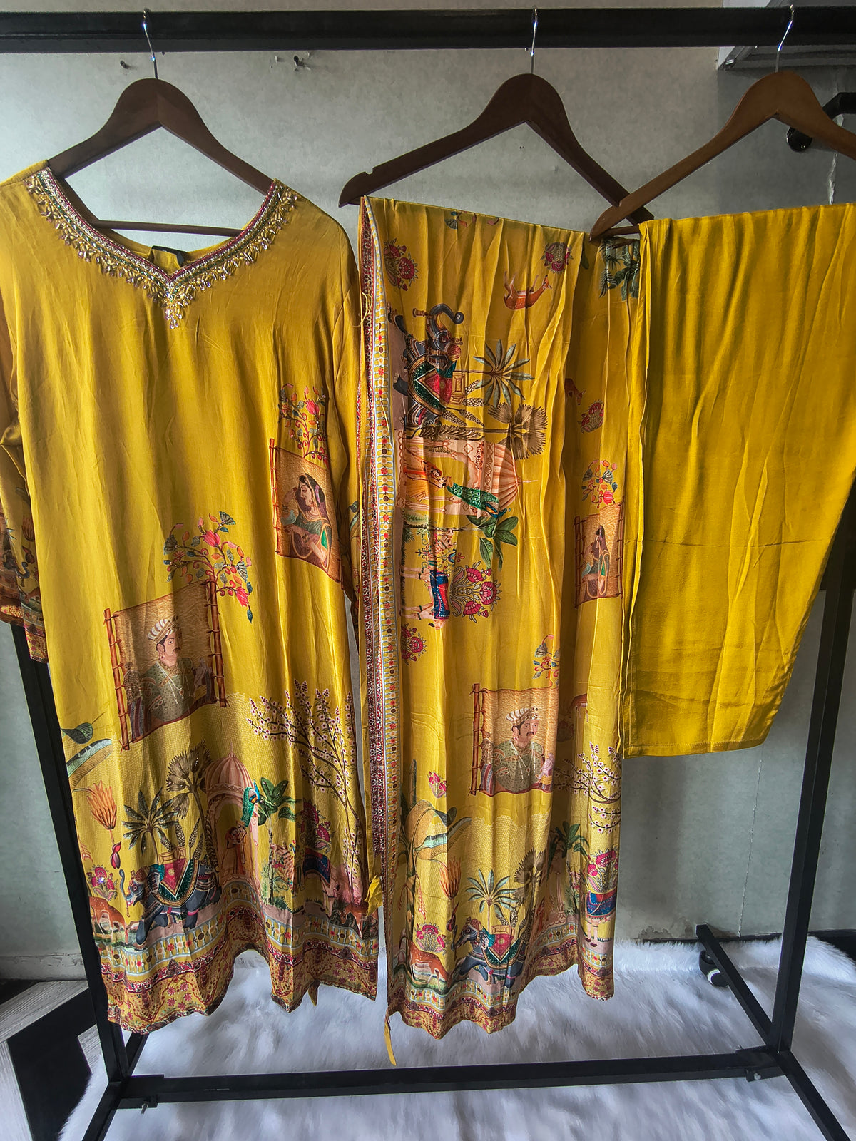 Premium Mustard Yellow Heritage Print Straight Kurta Set with Scenic Dupatta & Straight Pants