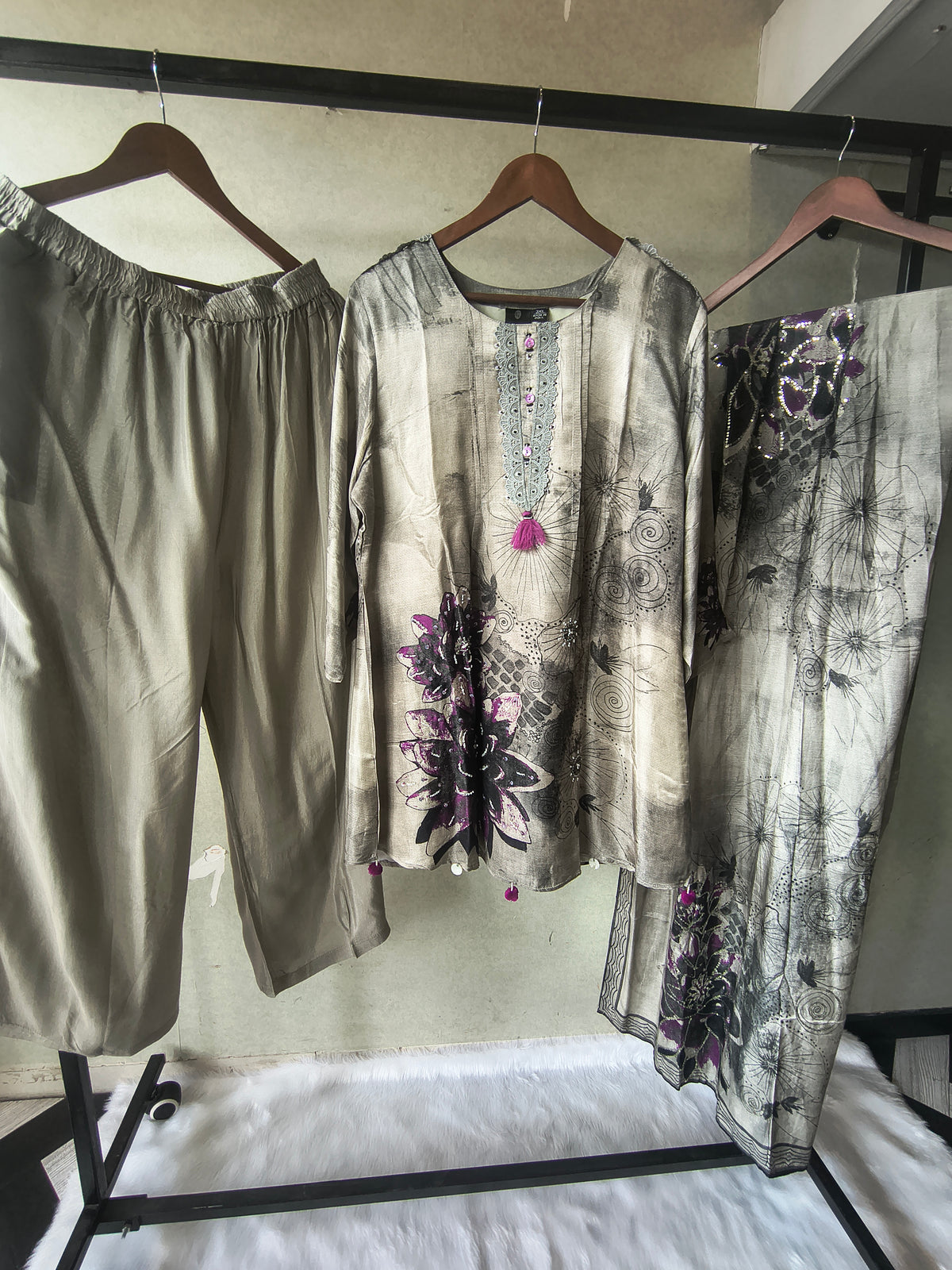 Premium Grey Abstract Floral Printed Kurta Set with Embellished Neckline, Solid Pants & Designer Printed Dupatta