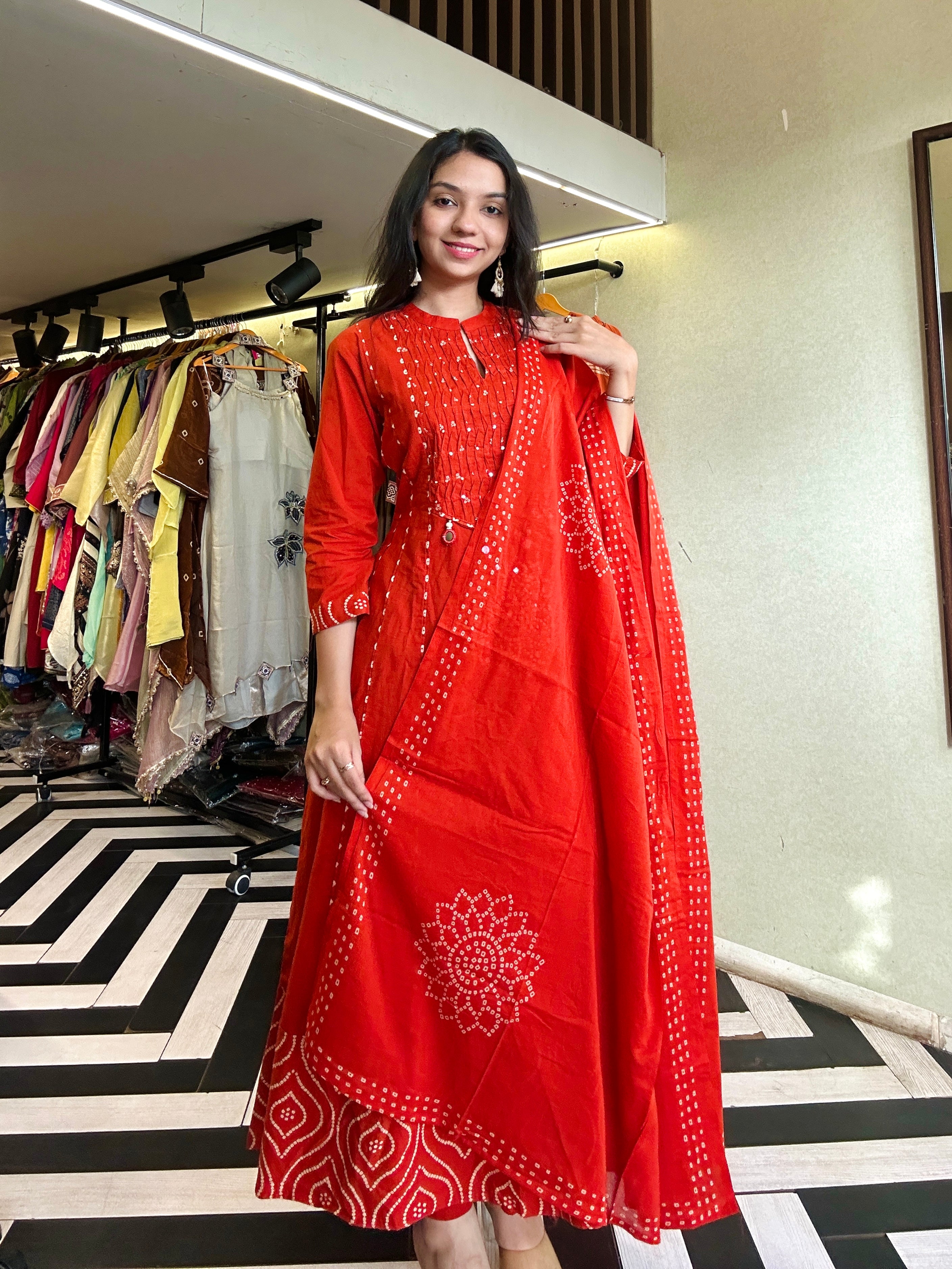 Image of Pure Mull Cotton Bandhani 3 Piece Anarkali Set