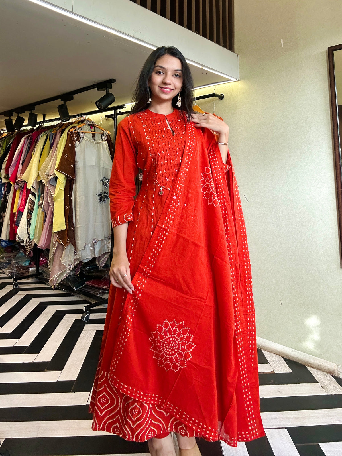 Pure Mull Cotton Bandhani 3 Piece Anarkali Set