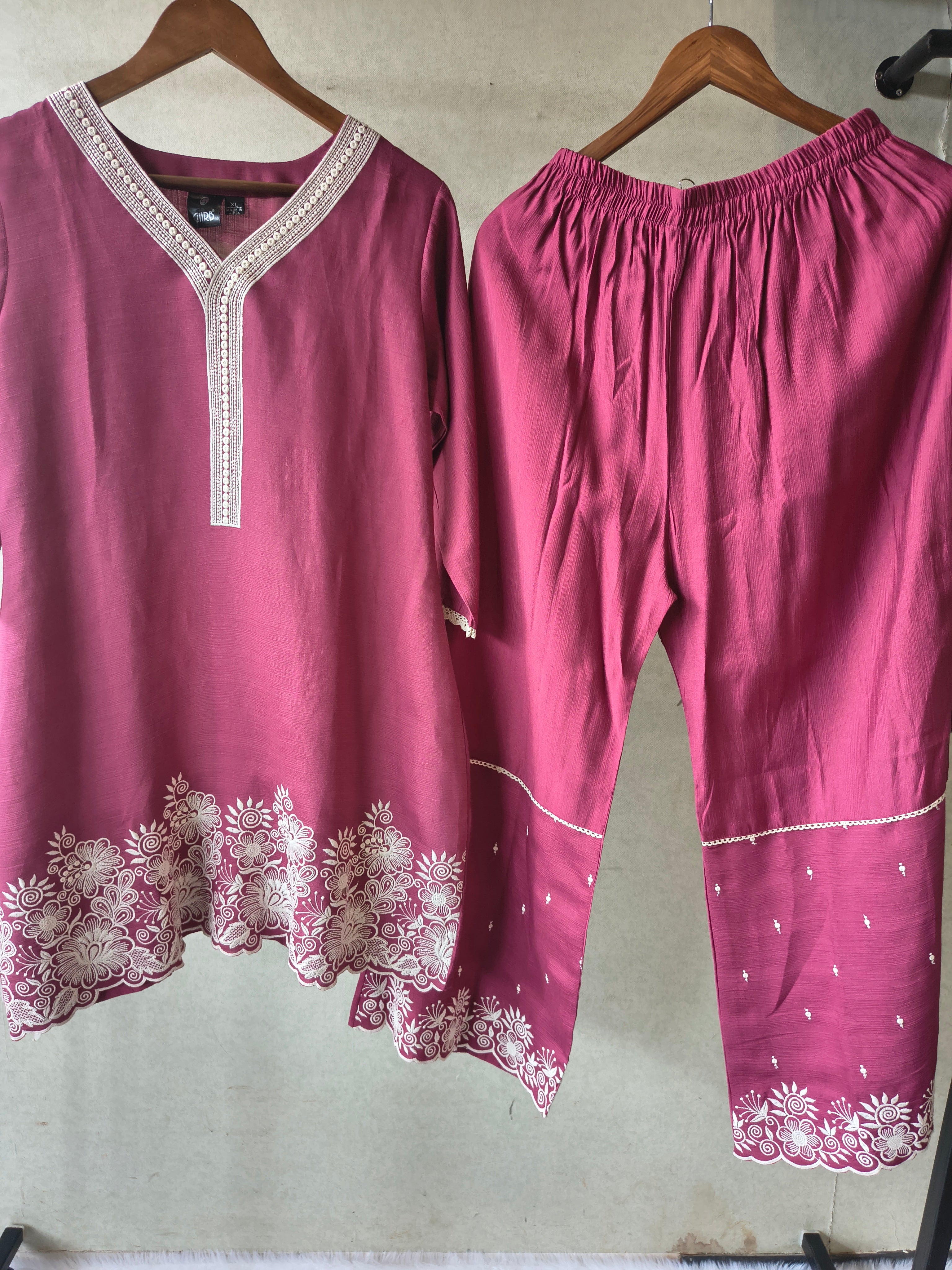 Image of Premium Wine Pink Embroidered Kurta Set with Matching Embroidered Palazzo & Dupatta