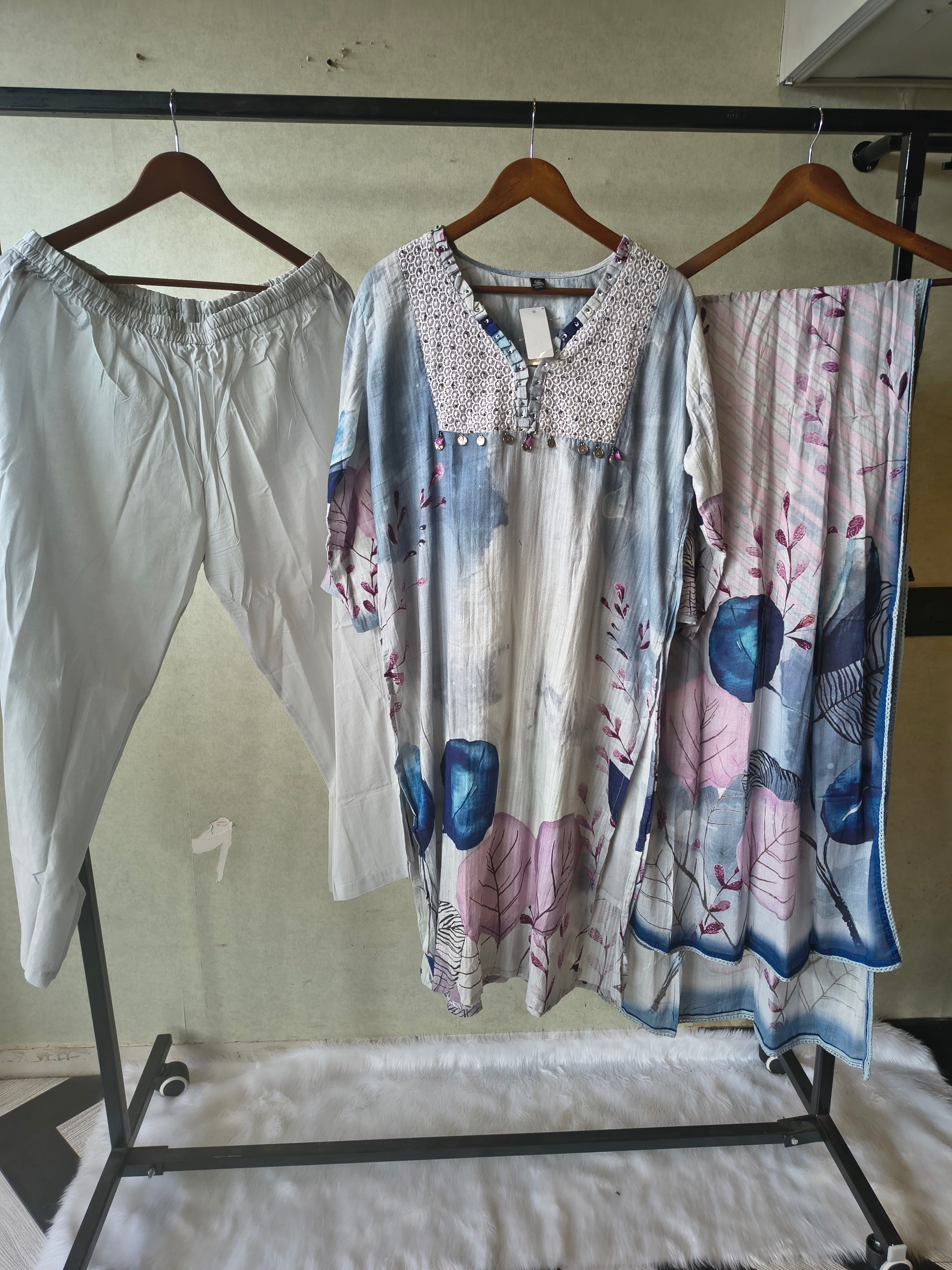 Image of Premium Ice Blue Floral Printed Straight Kurta Set with Crochet Yoke, Straight Pants & Designer Dupatta