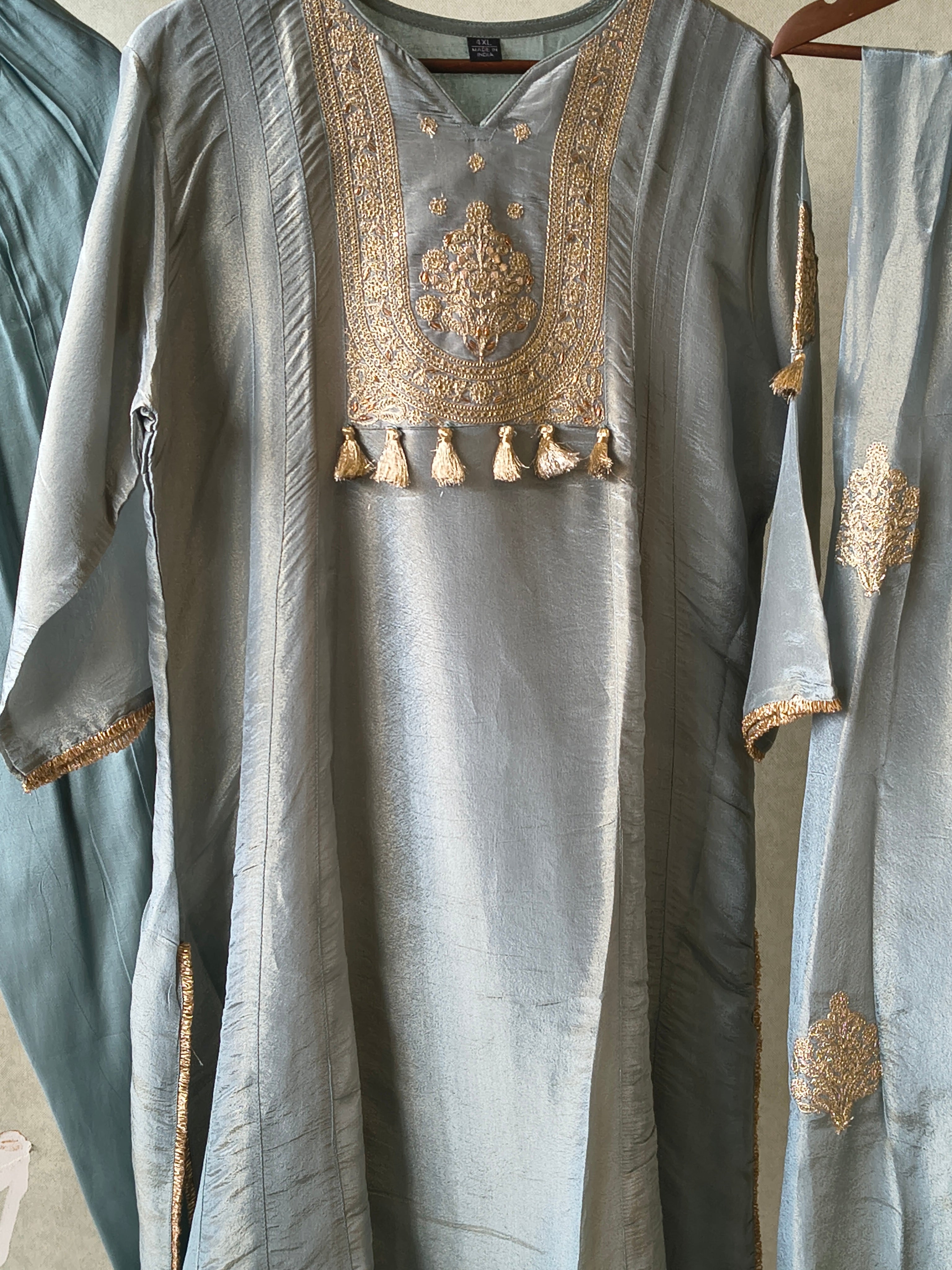 Image of Premium Sage Blue Embroidered A-Line Kurta Set with Dupatta