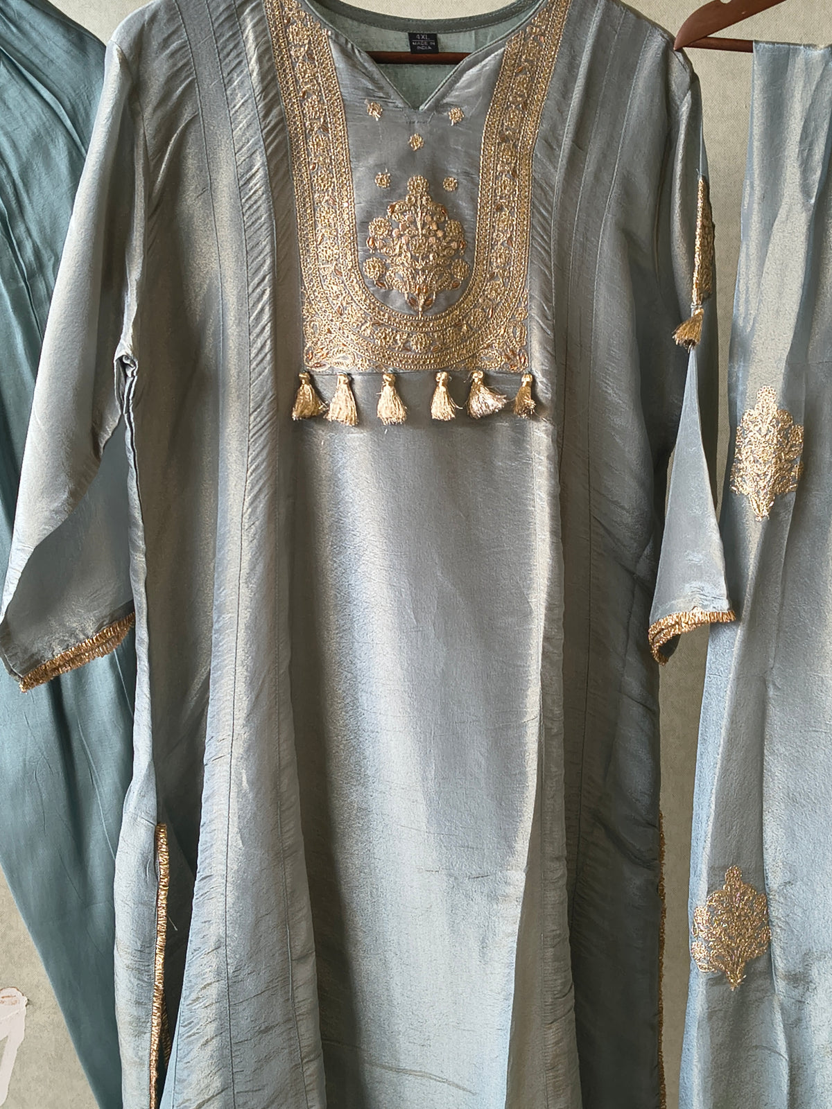 Premium Sage Blue Embroidered A-Line Kurta Set with Dupatta