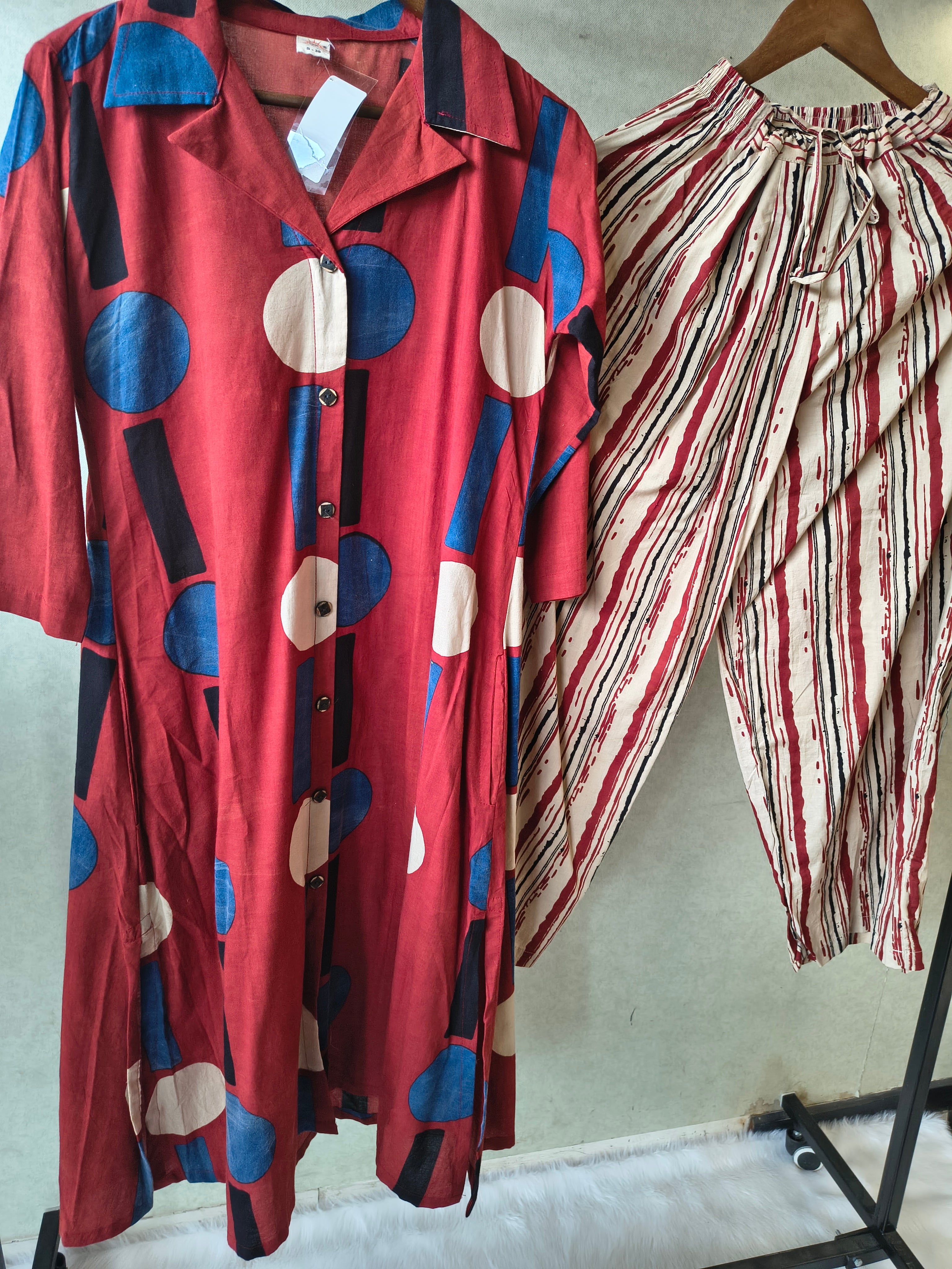 Image of Premium Rust Red Abstract Printed Shirt Kurta with Striped Relaxed Pants Co-Ord Set