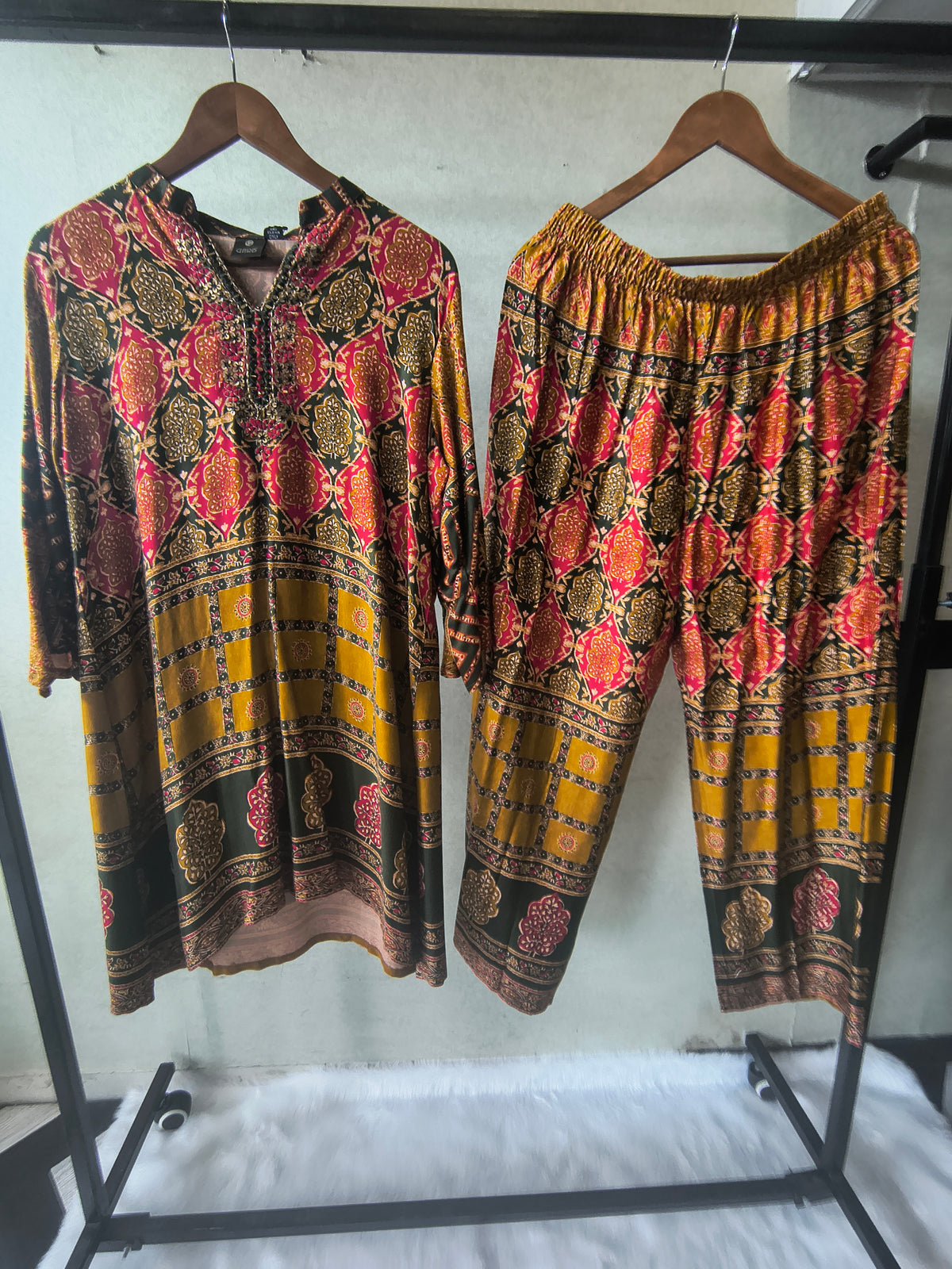 Premium Olive Green & Mustard Heritage Print Co-Ord Kurta Set with Straight Pants