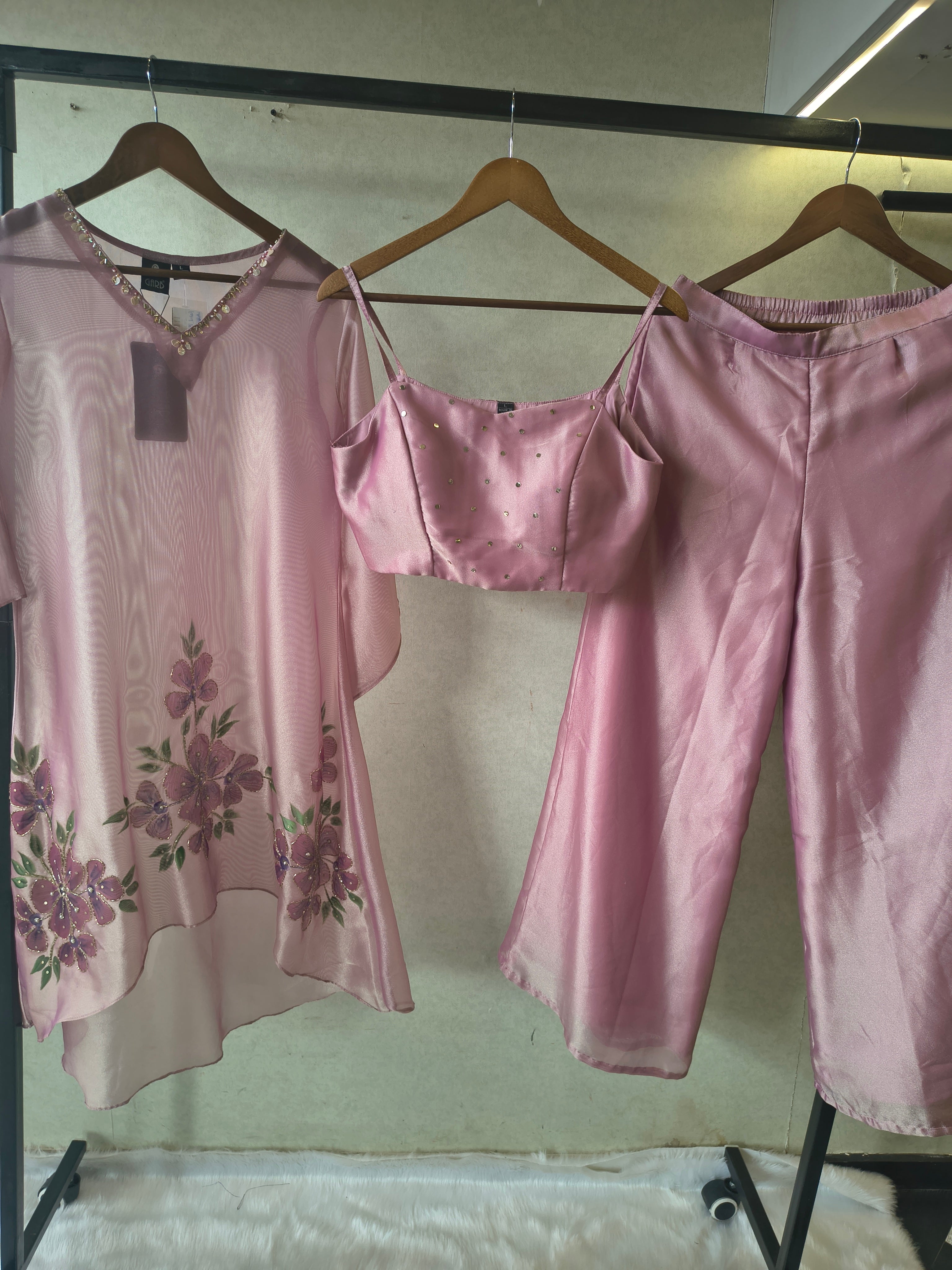 Image of Blush Pink Floral Embroidered Kaftan Co-ord Set with Hand-Painted Cape, Embellished Blouse & Palazzo