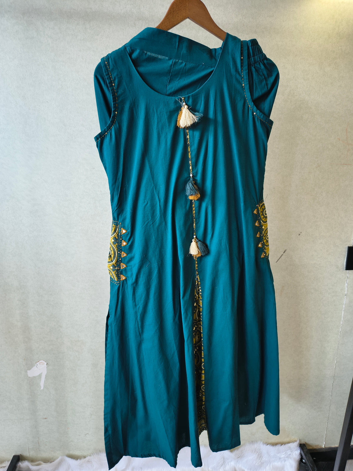 Teal Sleeveless A-Line Kurta Set with Printed Panel & Straight Pants