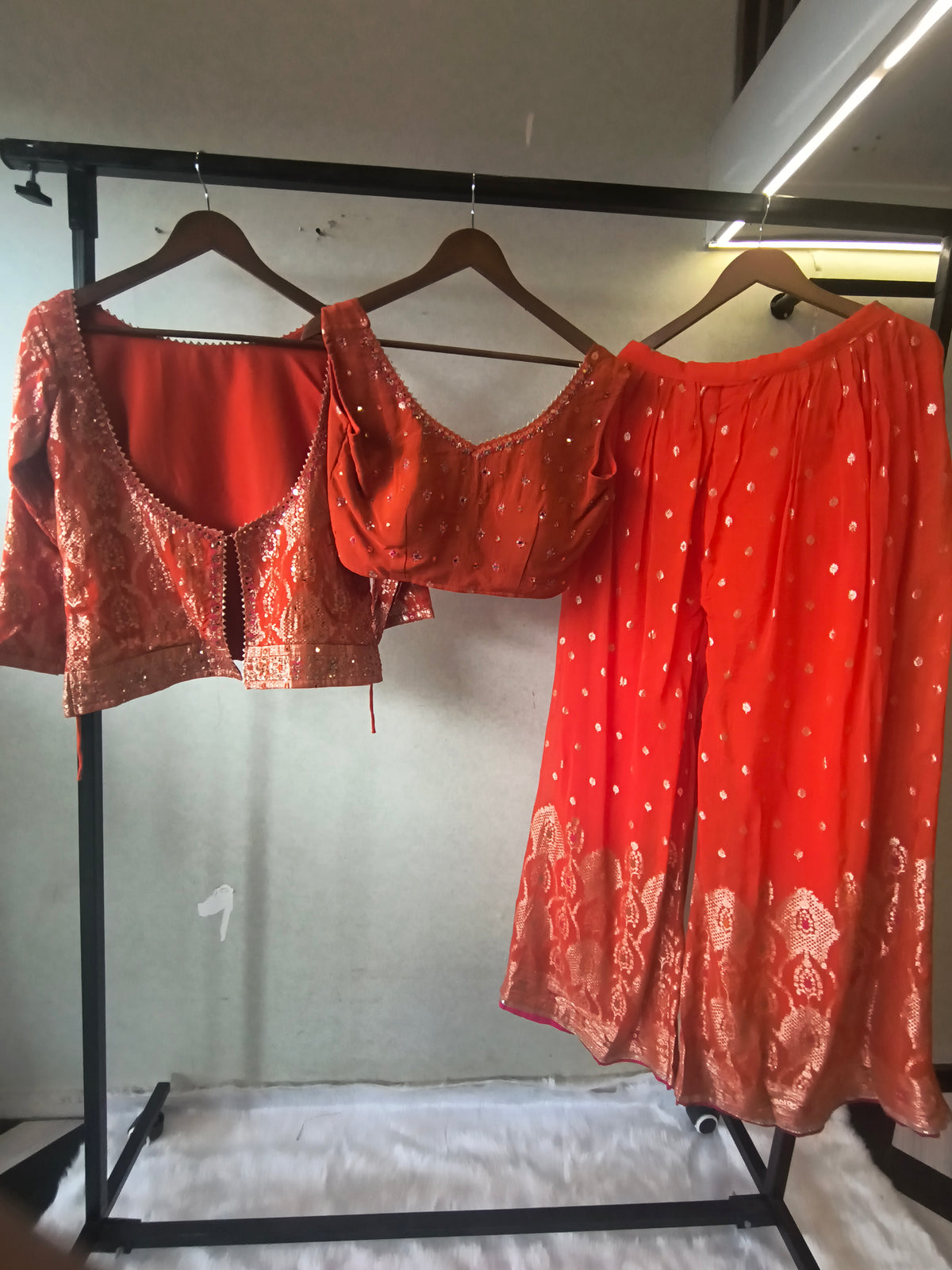 Rust Orange Banarasi Embroidered Lehenga Set with Handworked Blouse & Embellished Blouse – Designer 3 Piece Festive Ensemble