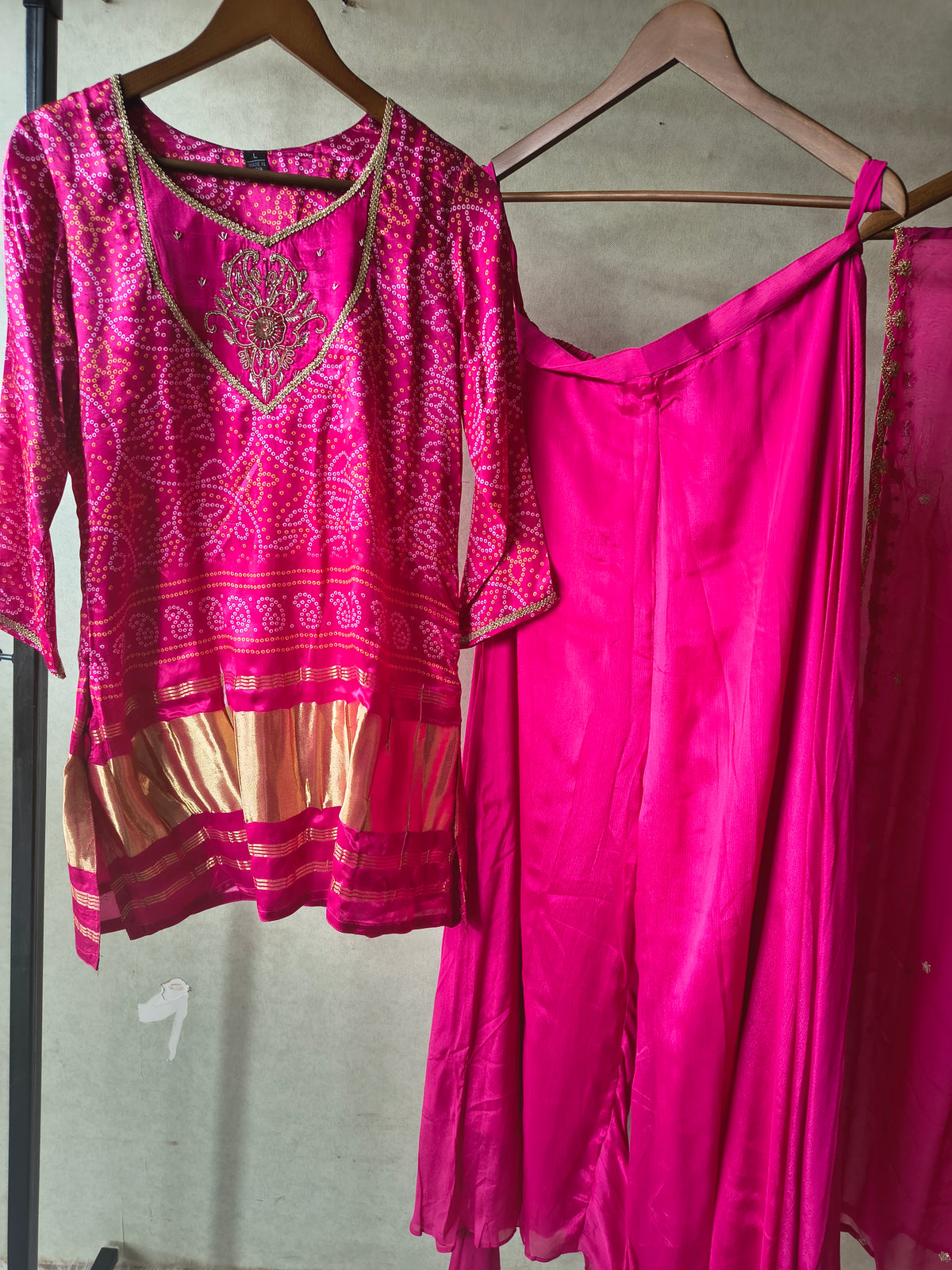 Rani Pink Bandhani Sharara Set with Zari Border & Embroidered Dupatta – Premium 3 Piece Festive Ensemble