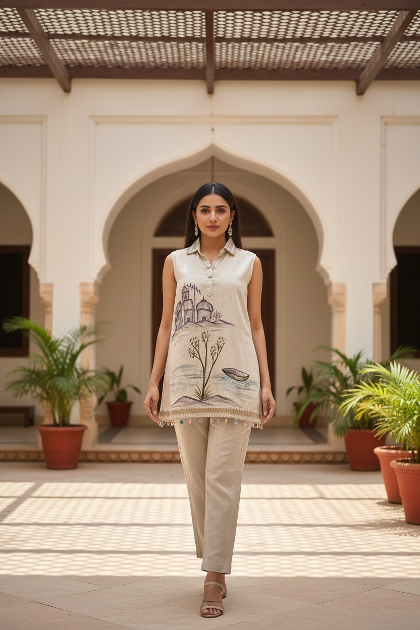 Image of Natural Linen Scenic Art Co-Ord Set