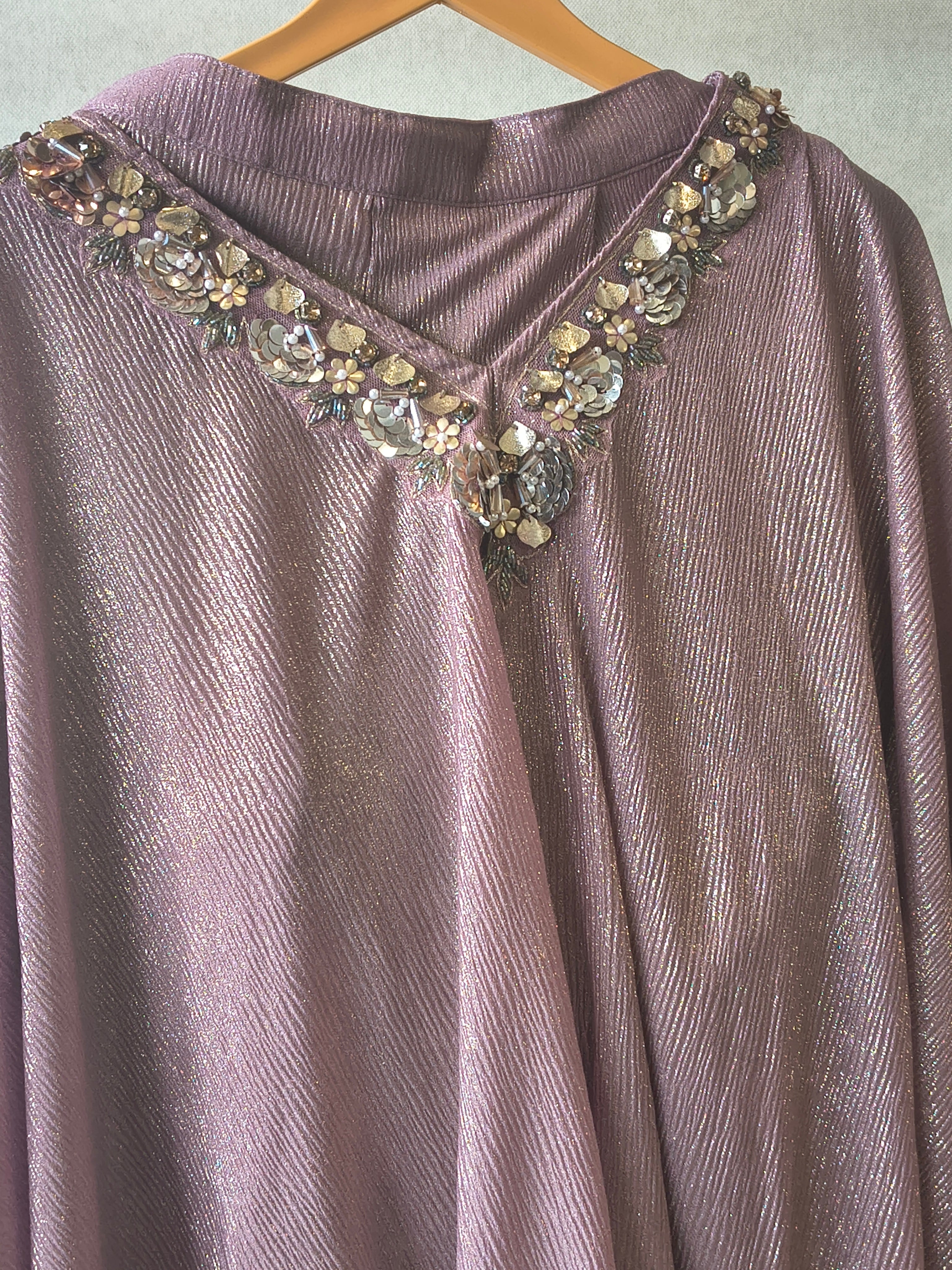 Image of Premium Rose Gold Shimmer Kaftan Co-Ord Set with Hand Embellished Cape & Straight Pants