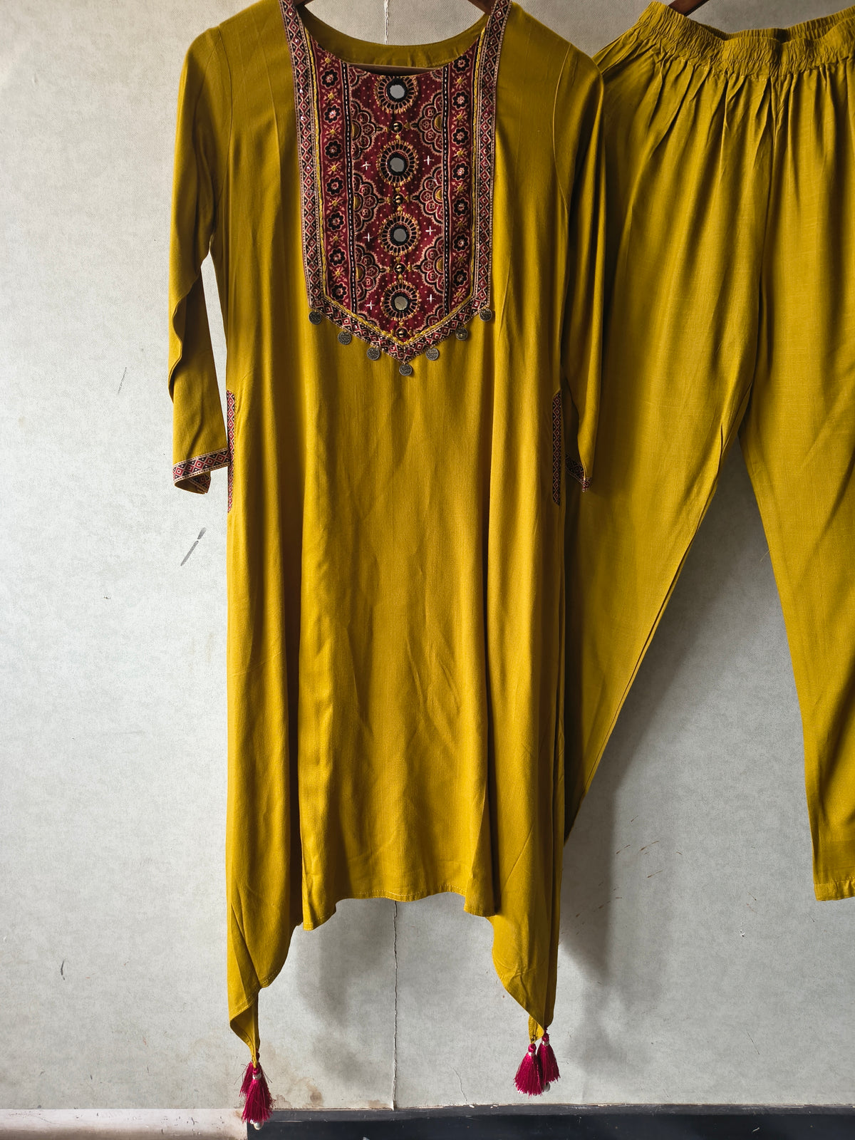 Premium Mustard Ethnic Printed Yoke Kurta Pant Co-Ord Set with Tassel Hem
