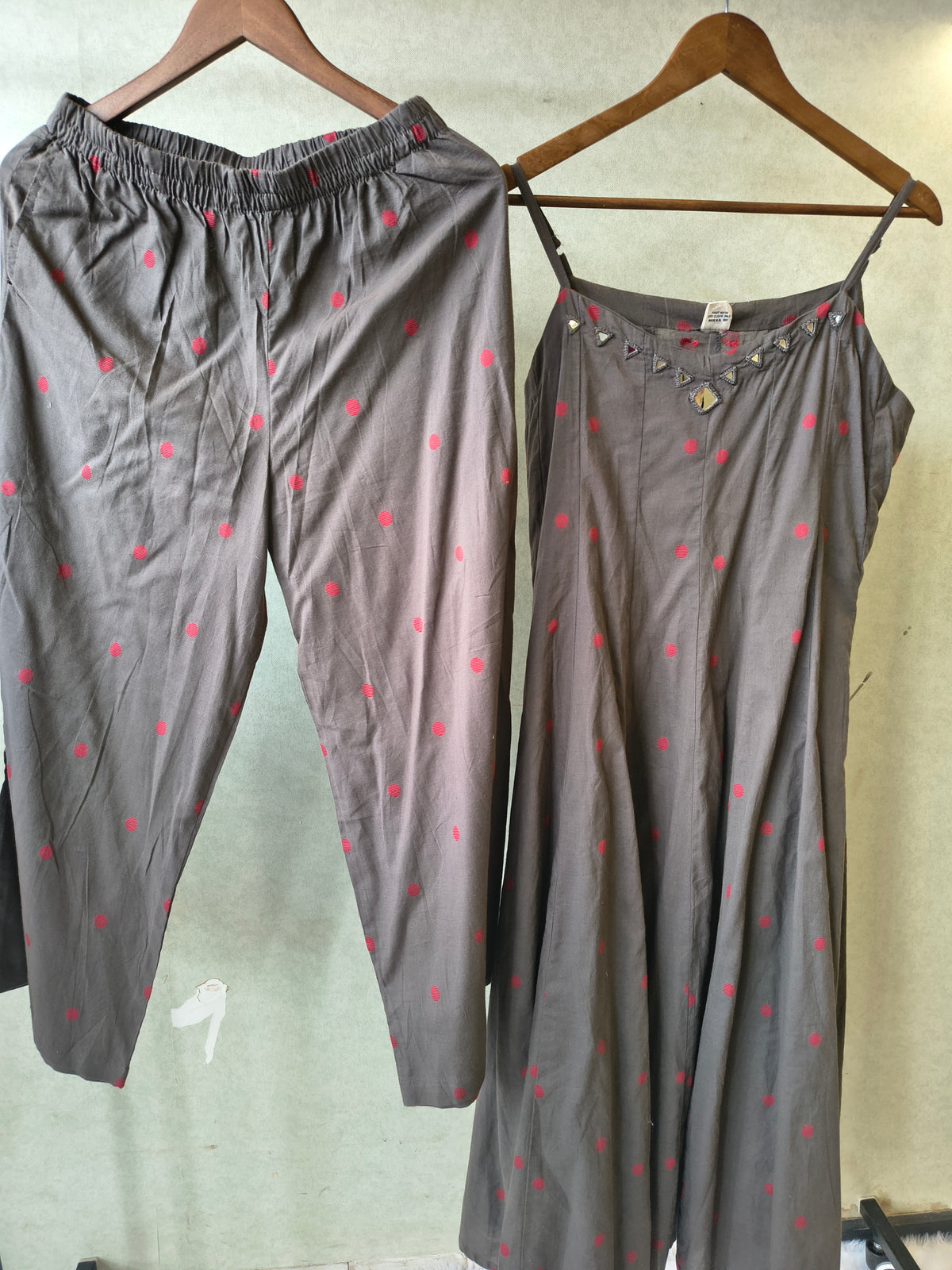 Premium Charcoal Grey Polka Dot Cotton Sleeveless A-Line Kurta & Pant Co-Ord Set