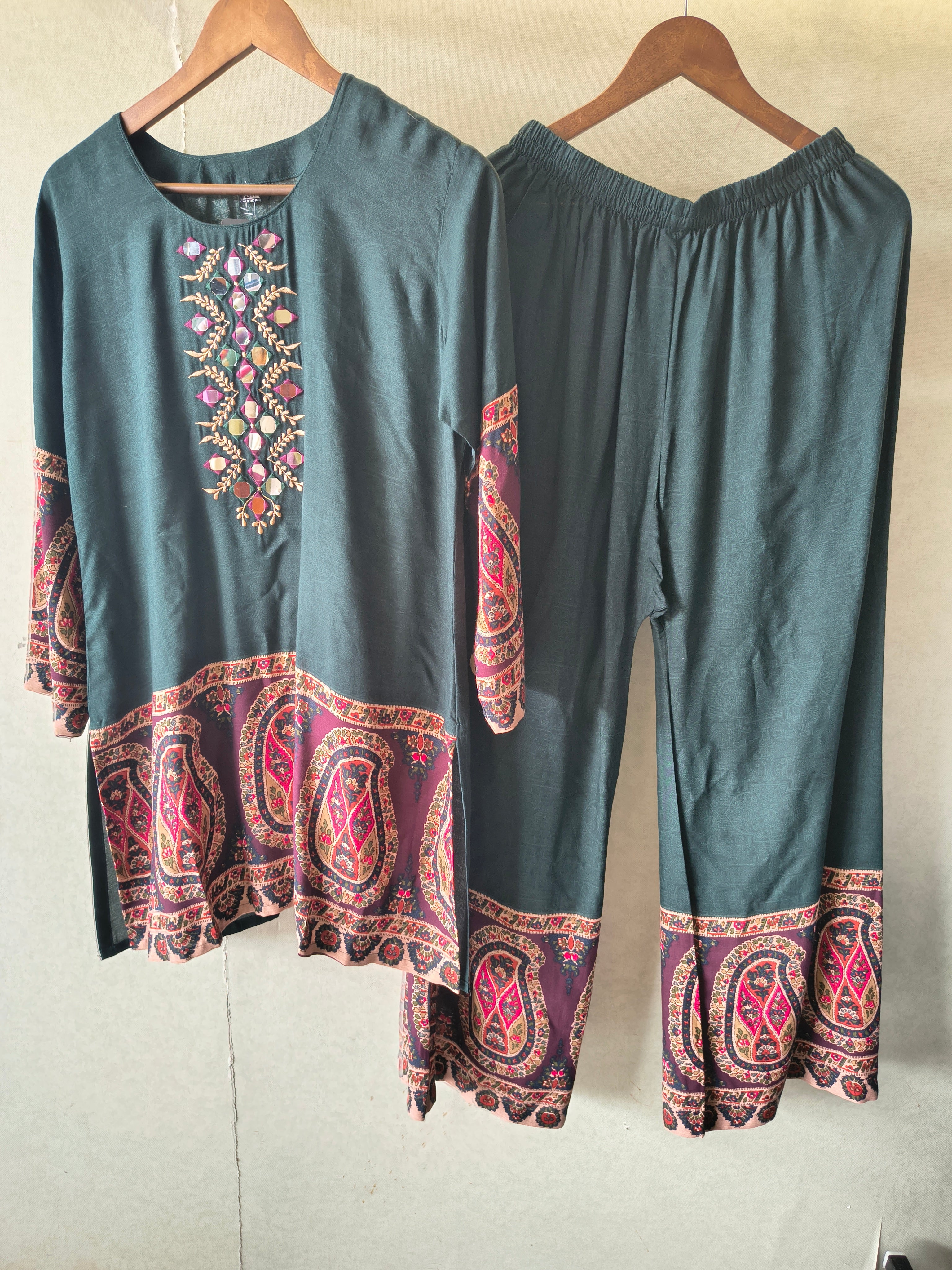 Image of Premium Teal Mirror Work Printed Kurta Pant Co-Ord Set