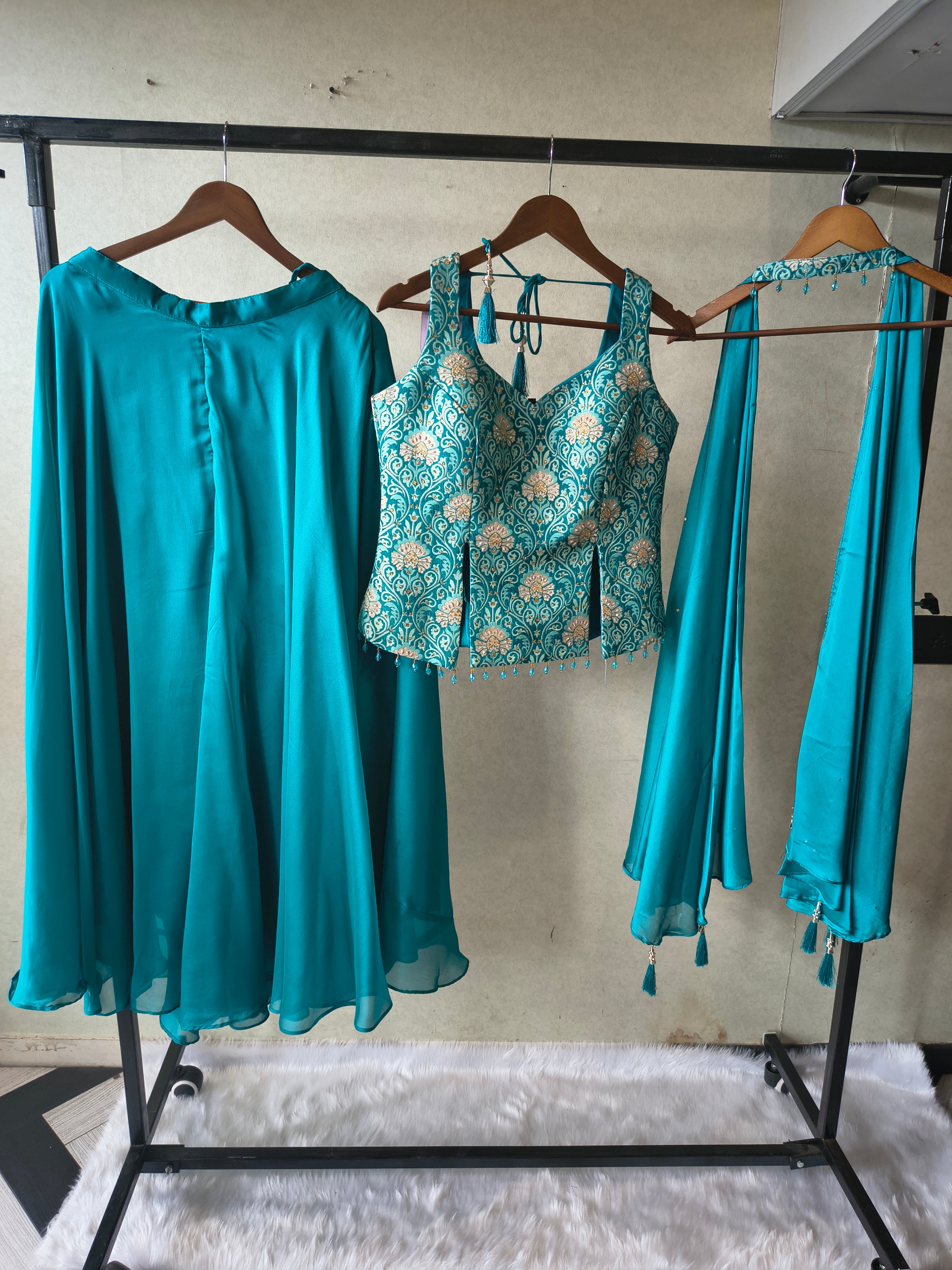 Image of Premium Turquoise Blue 3-Piece Designer Lehenga Set with Brocade Embroidered Blouse & Tassel Dupatta