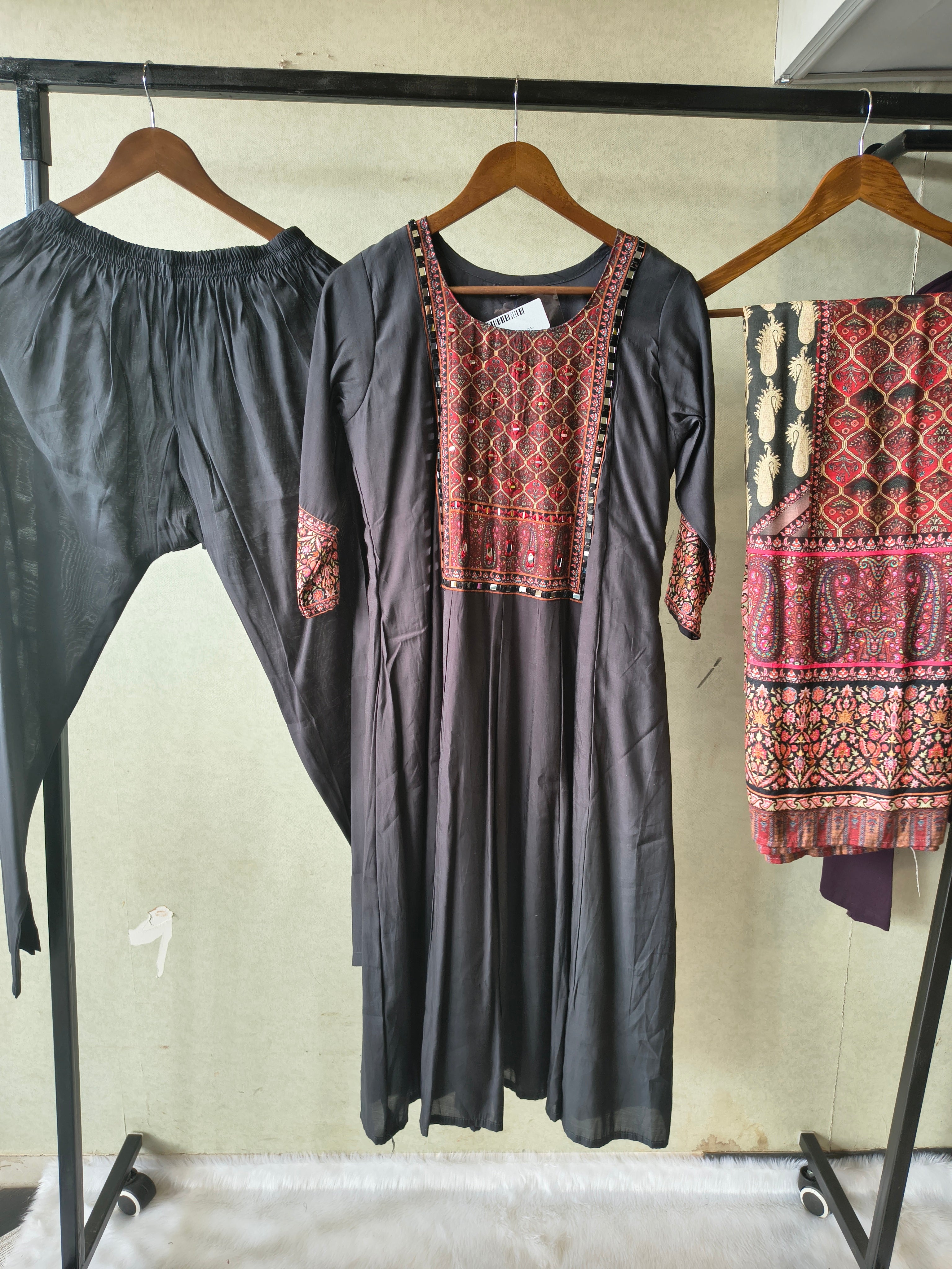 Image of Premium Black Printed Anarkali Kurta Set with Ethnic Yoke, Solid Pants & Designer Dupatta