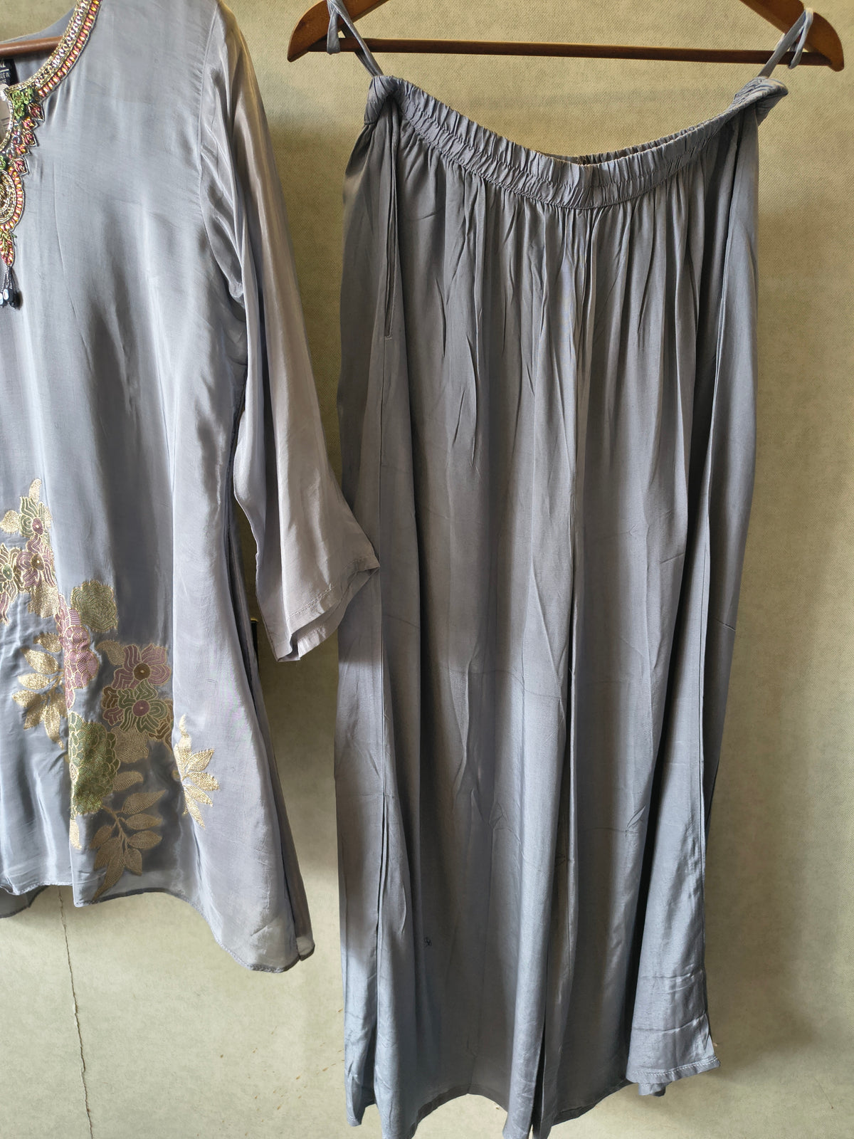 Grey Embroidered Premium Silk Co-Ord Set