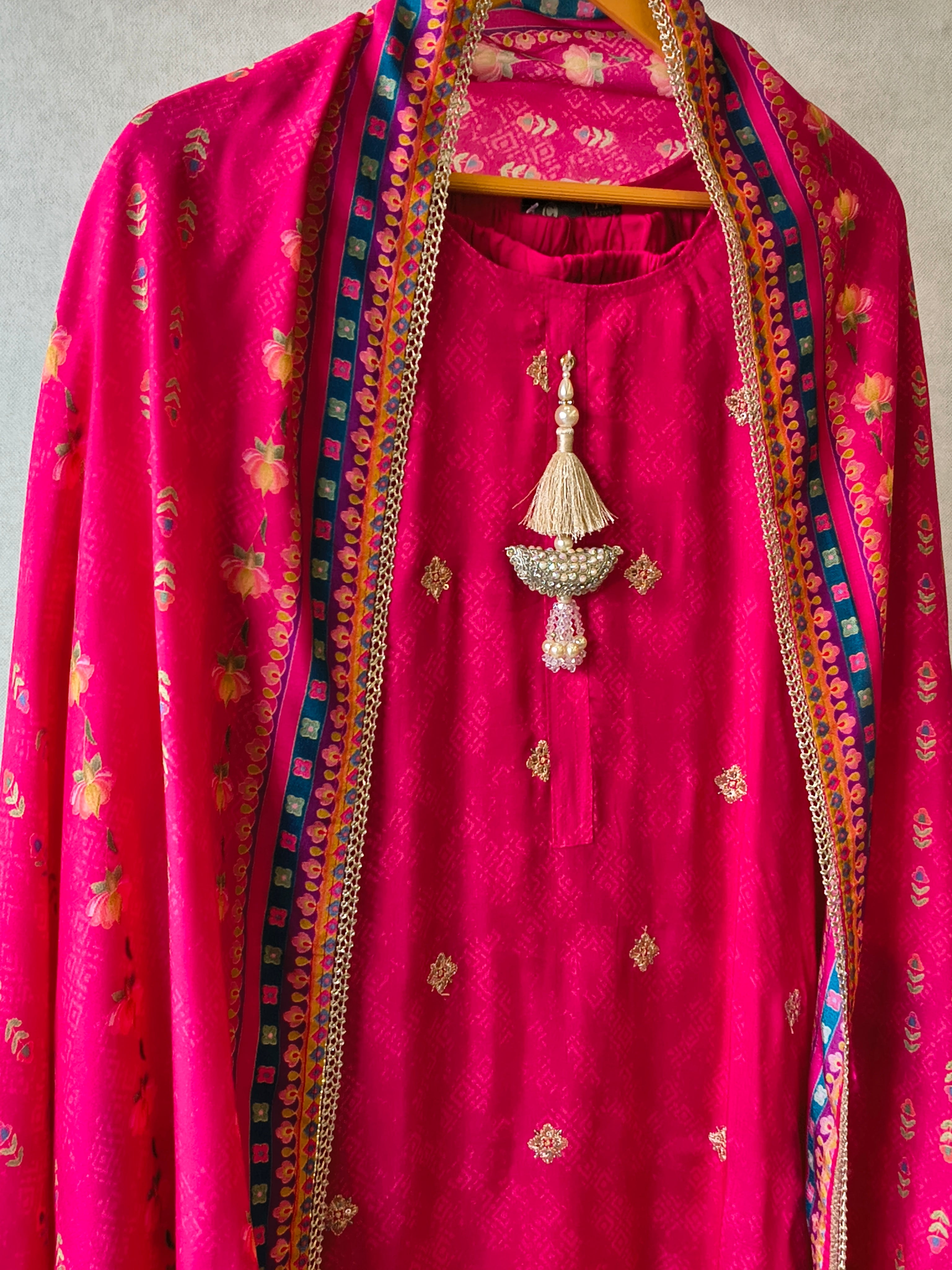 Image of Premium Rani Pink Printed Straight Kurta with Cigarette Pants & Dupatta Set