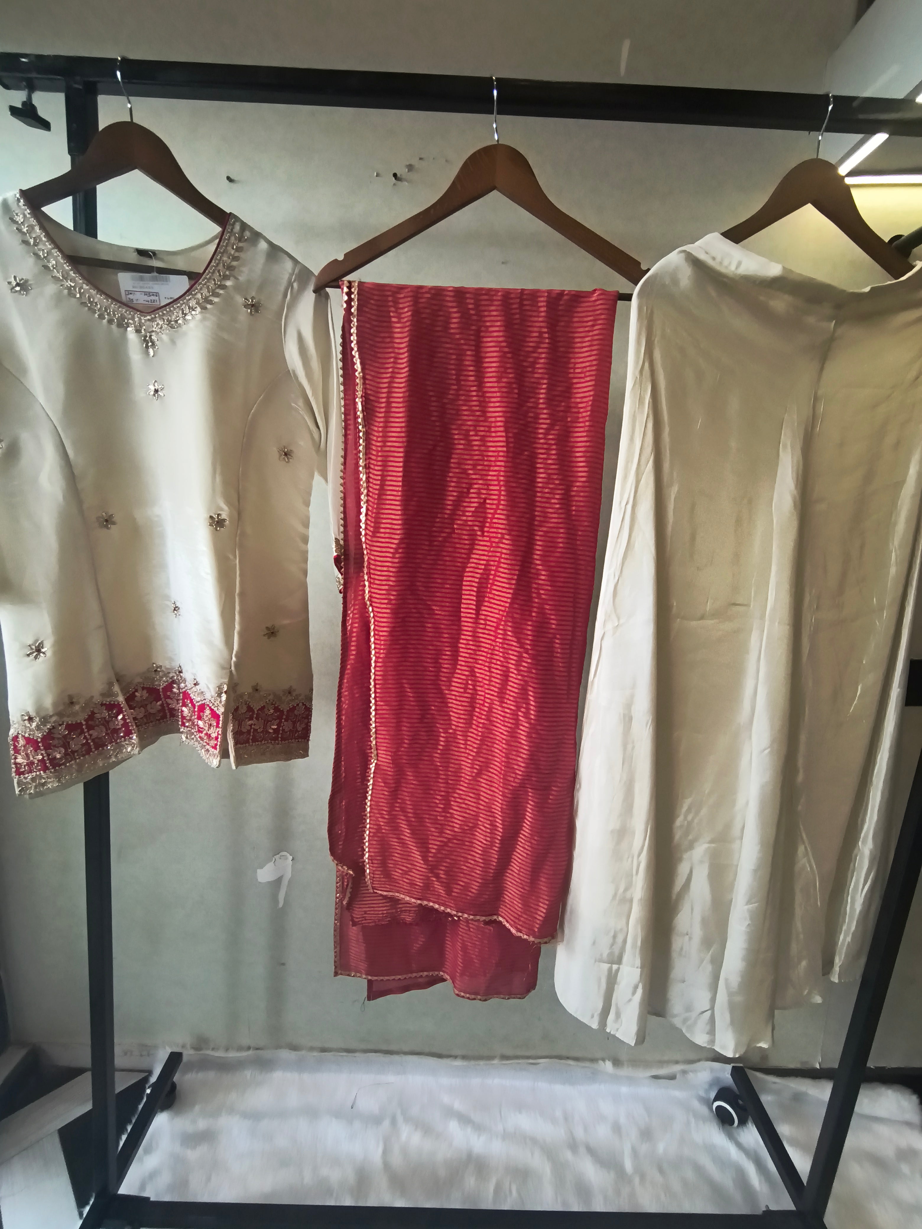 Image of Ivory Tissue Silk Embroidered Kurta with Flared Palazzo & Contrast Pink Leheriya Dupatta – 3 Piece Festive Set