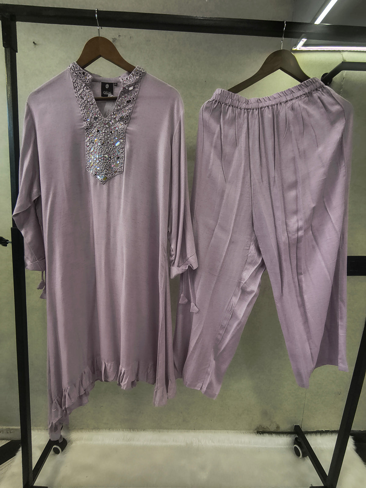 Premium Lilac Mirror Work Co-Ord Kurta Set with Designer Embellished Neckline