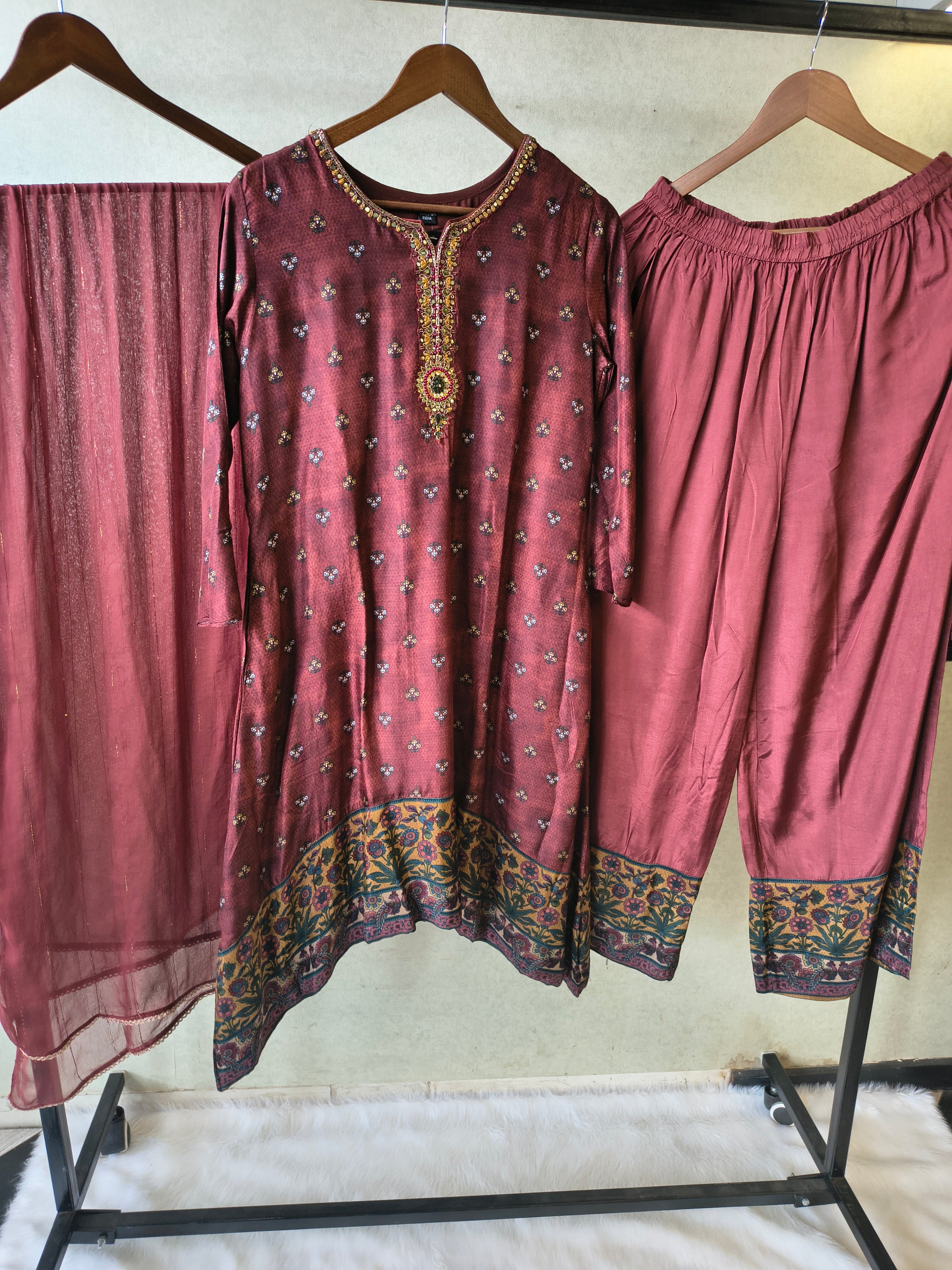 Image of Premium Wine Floral Border Kurta with Straight Pants & Shimmer Dupatta Set
