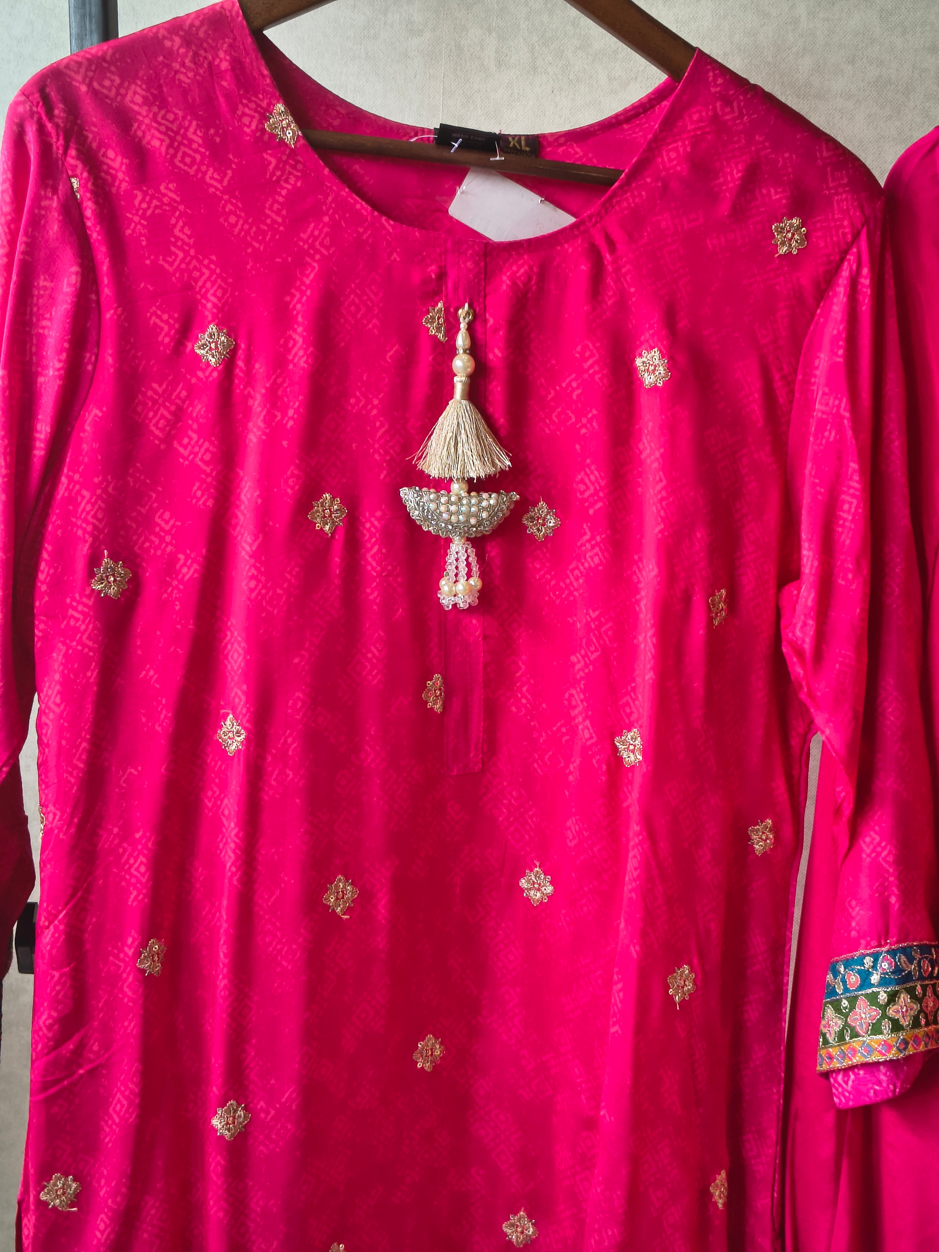 Image of Premium Rani Pink Printed Straight Kurta with Cigarette Pants & Dupatta Set