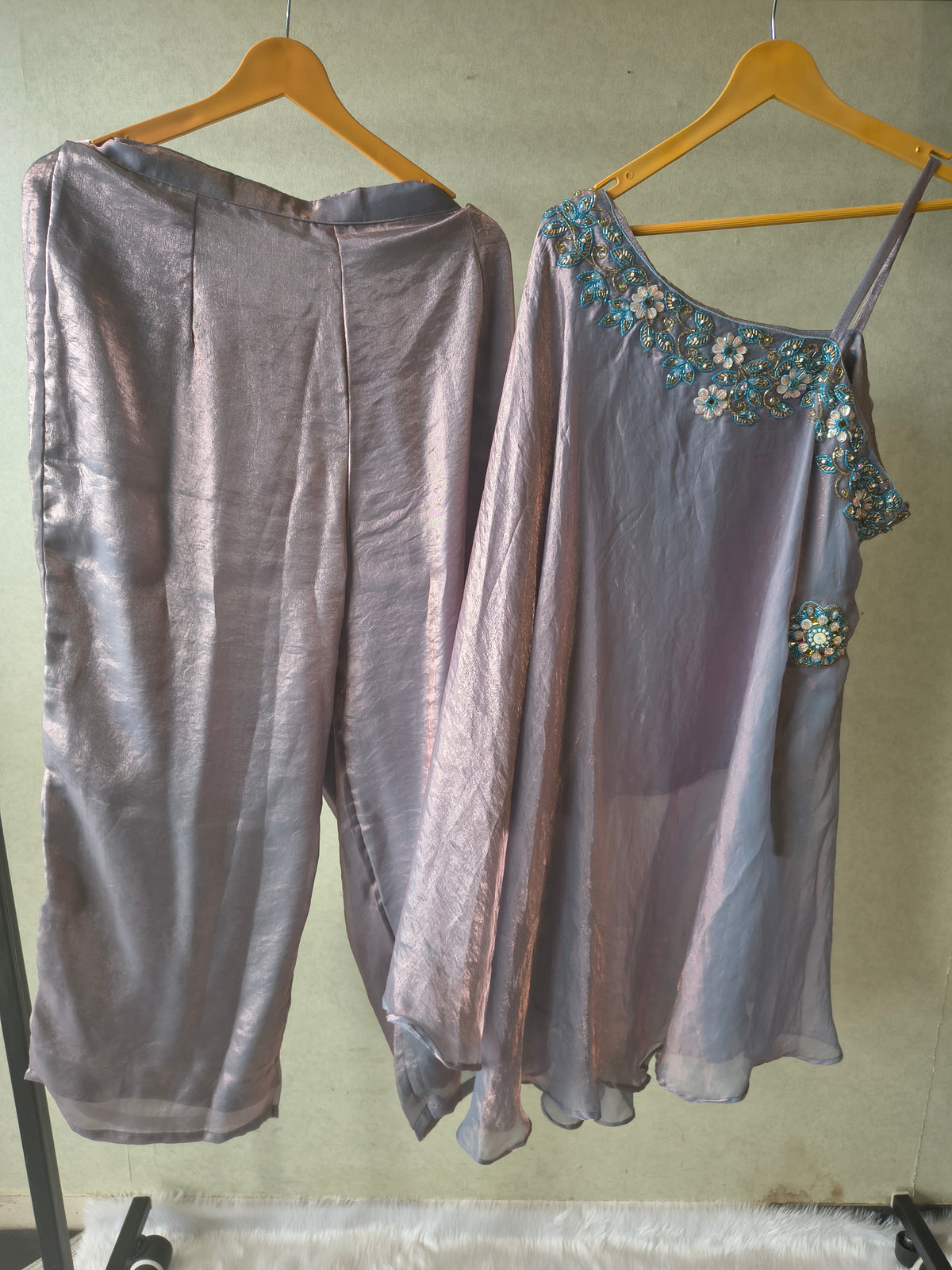 Designer Lilac One-Shoulder Cape Top with Draped Tulip Pants – Luxury Indo-Western Co-Ord Set