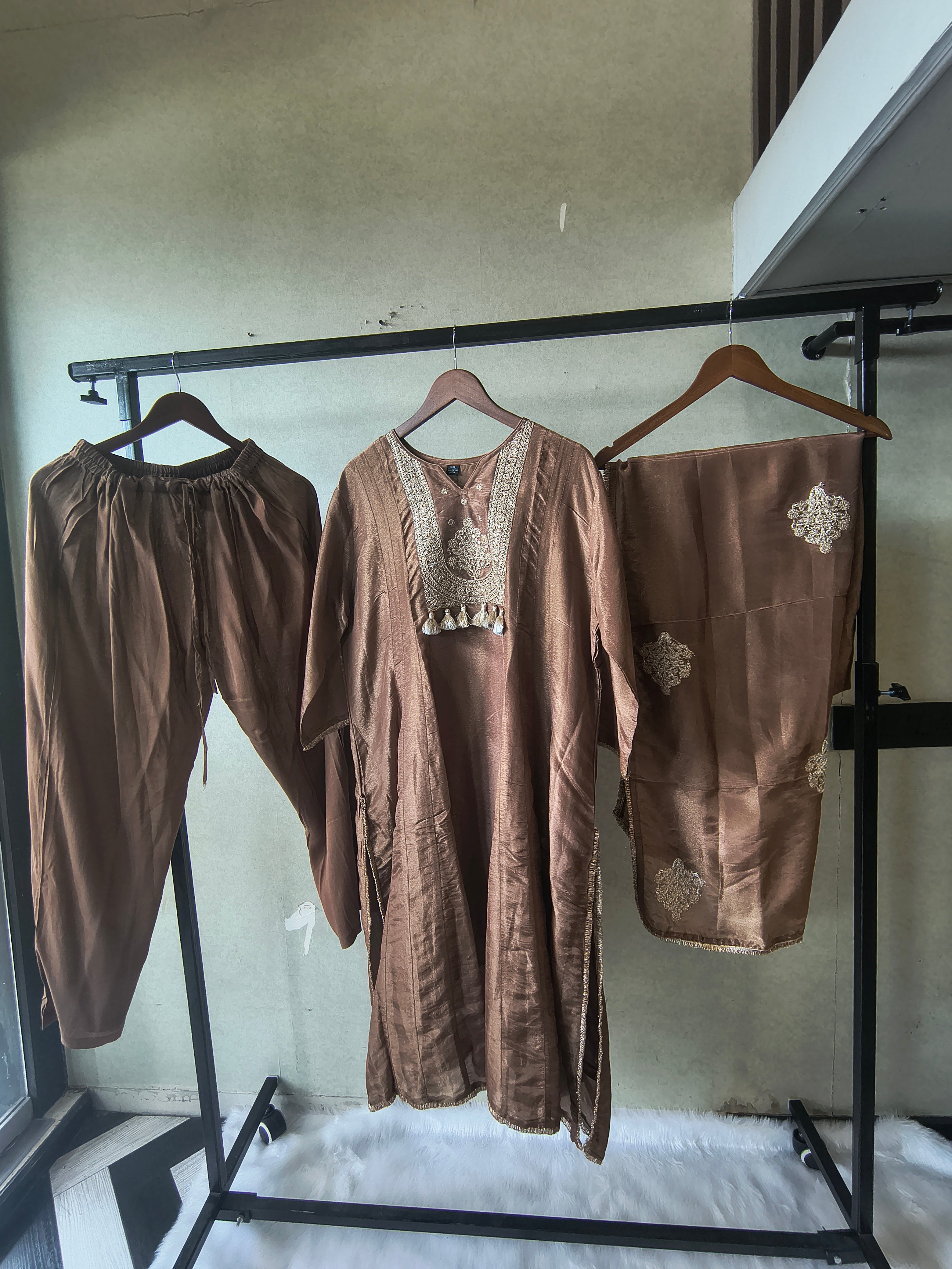 Image of Premium Copper Brown Embroidered A-Line Kurta Set with Dupatta