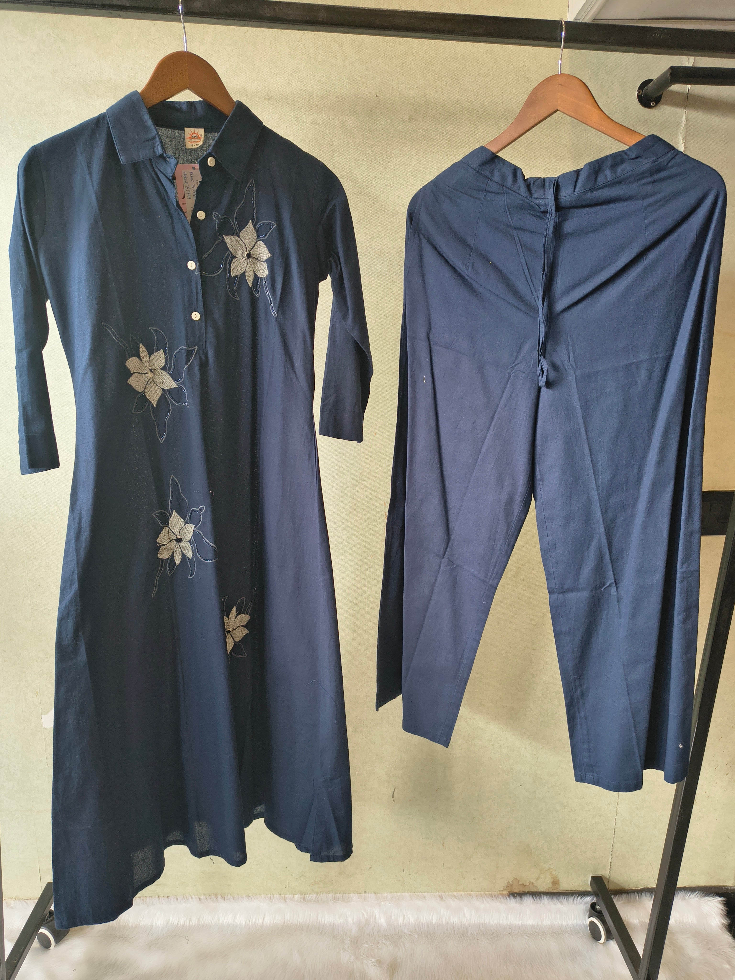 Image of Tadko Premium Navy Blue A-Line Kurta Set with Floral Appliqué Embroidery & Straight Pants