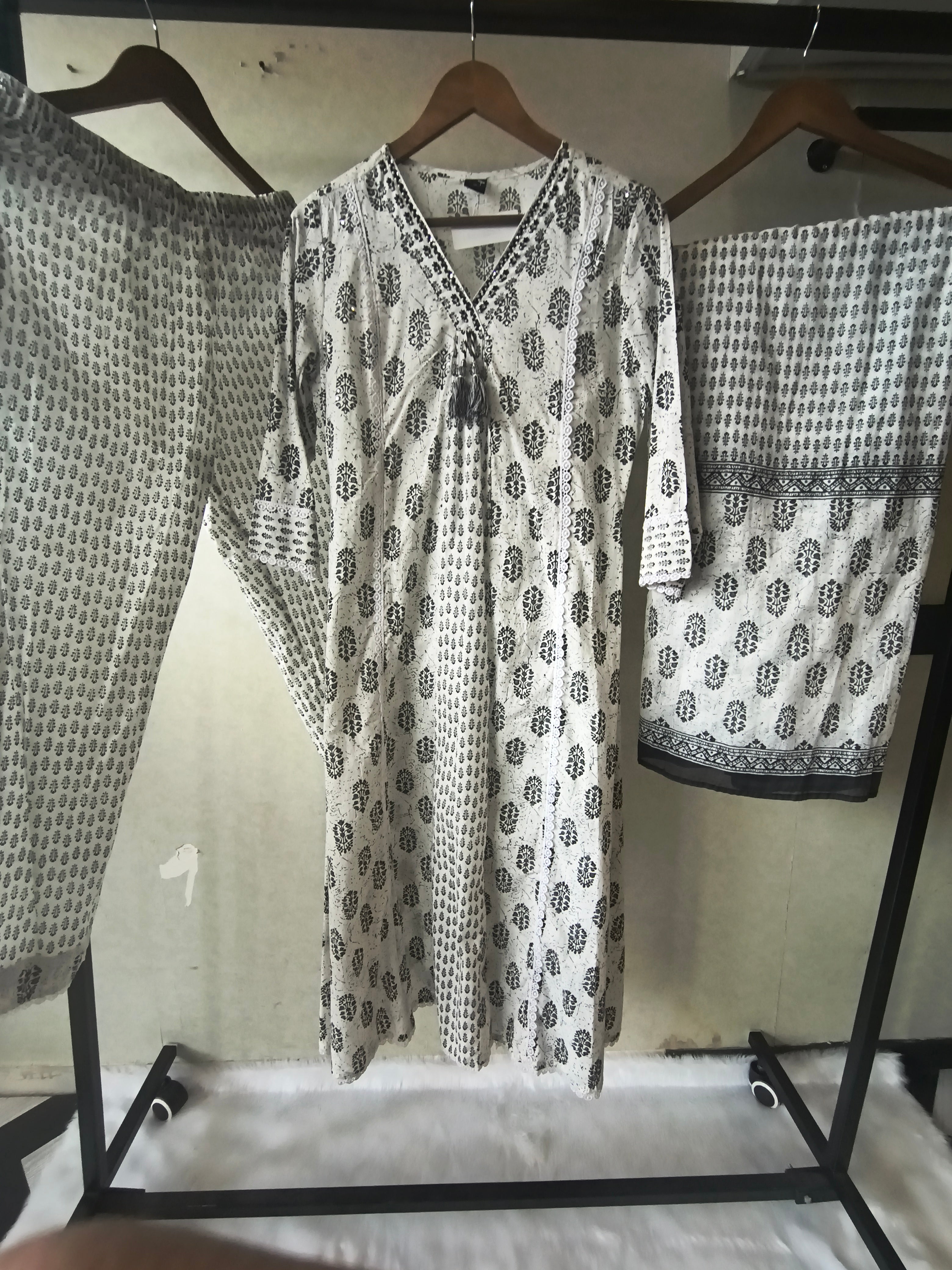 Image of Premium Black & White Hand Block Printed Cotton Anarkali Kurta Set with Printed Pants & Dupatta