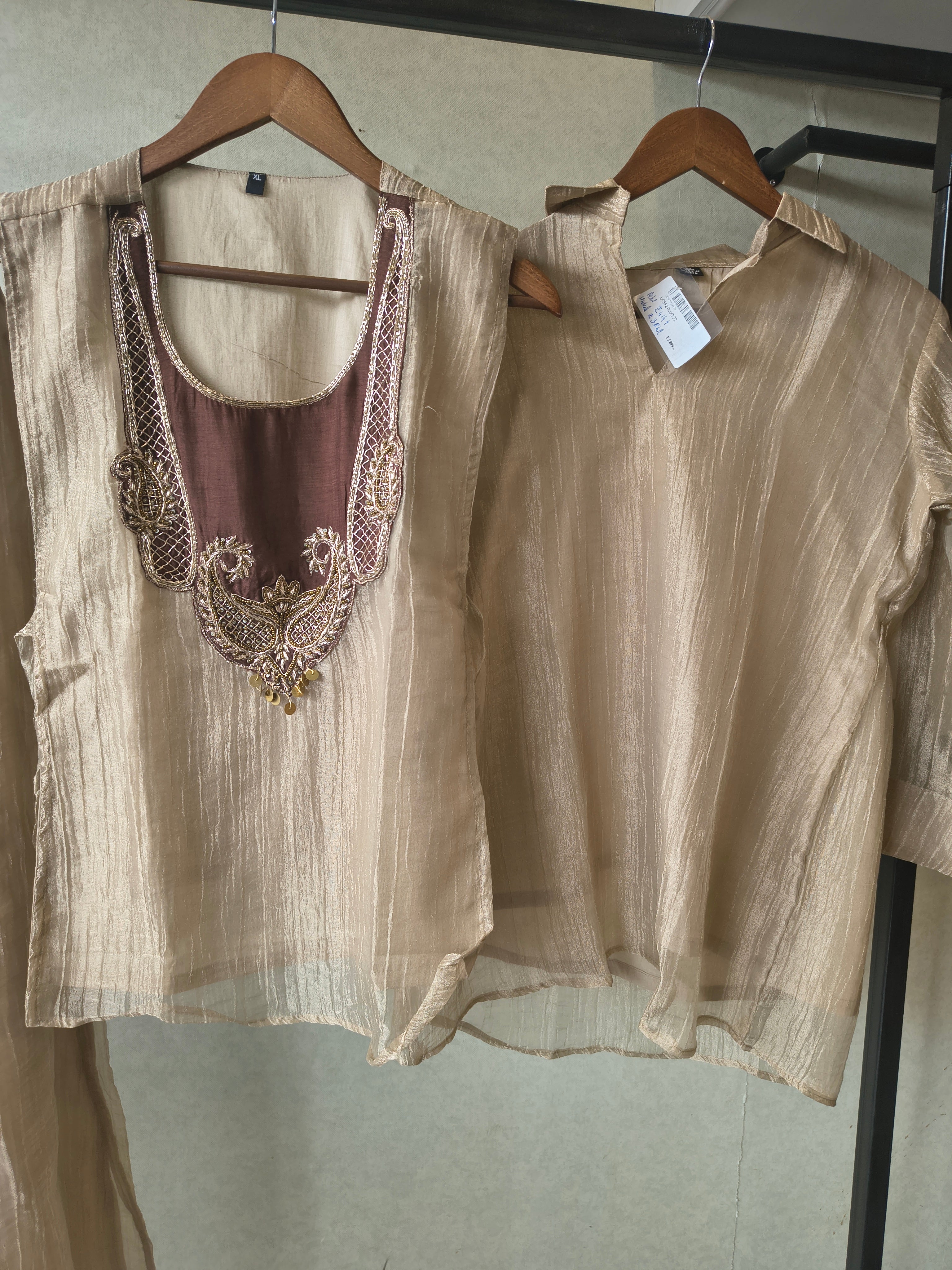 Image of Premium Taupe Tissue Silk 3-Piece Co-Ord Set with Antique Embroidered Jacket, Inner & Palazzo