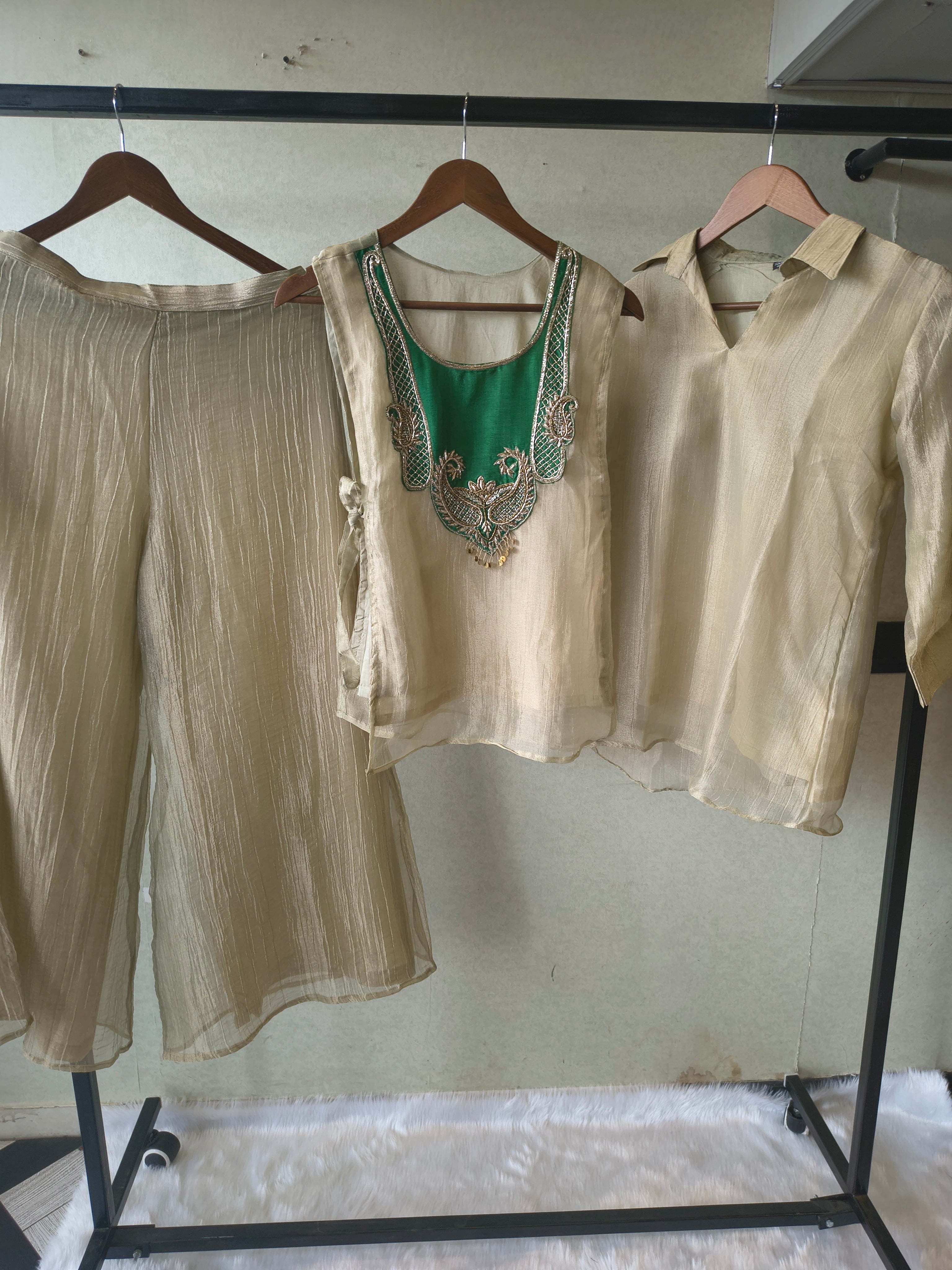 Image of Premium Champagne Gold Tissue Silk 3-Piece Co-Ord Set with Emerald Hand Embellished Jacket, Inner & Palazzo