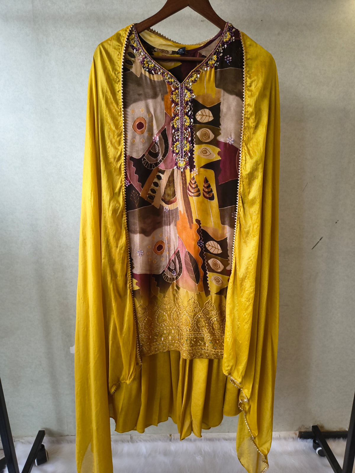 Premium Mustard Abstract Printed Kurta with Sharara & Dupatta Set