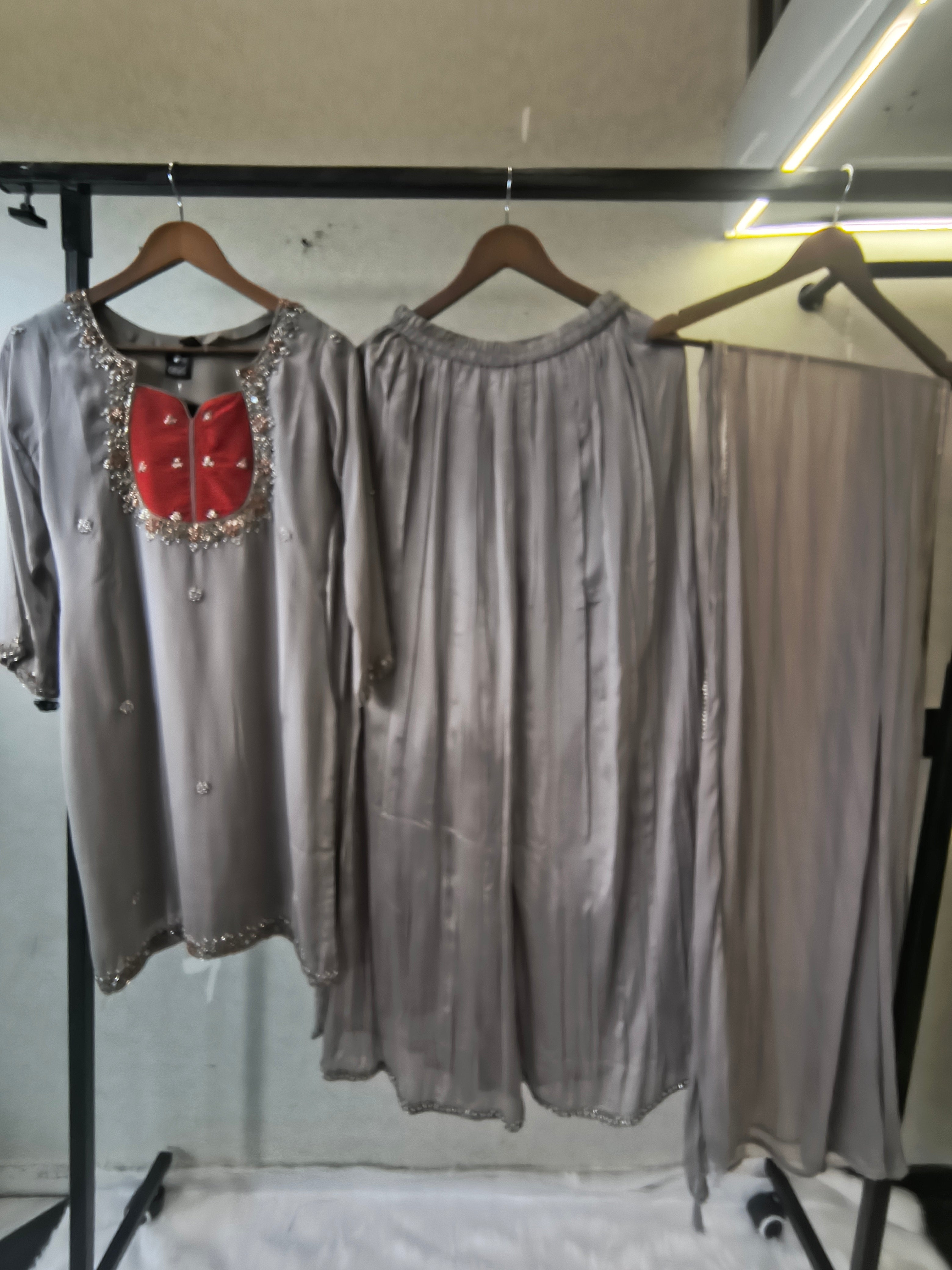 Image of Pearl Grey Embellished Straight Kurta Set with Handcrafted Neckline, Wide Palazzo & Chiffon Dupatta | Premium 3 Piece Festive Ensemble