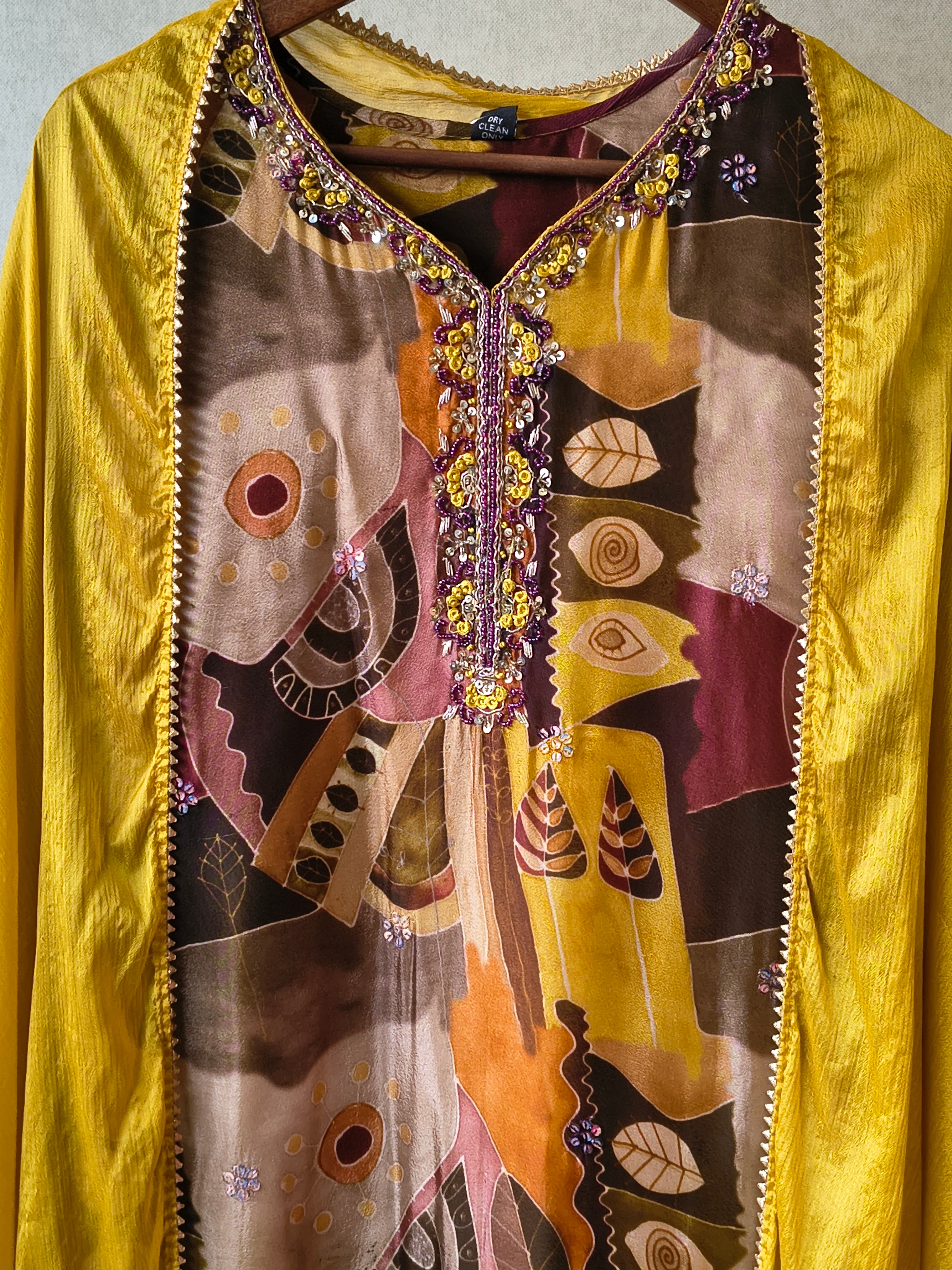 Image of Premium Mustard Abstract Printed Kurta with Sharara & Dupatta Set