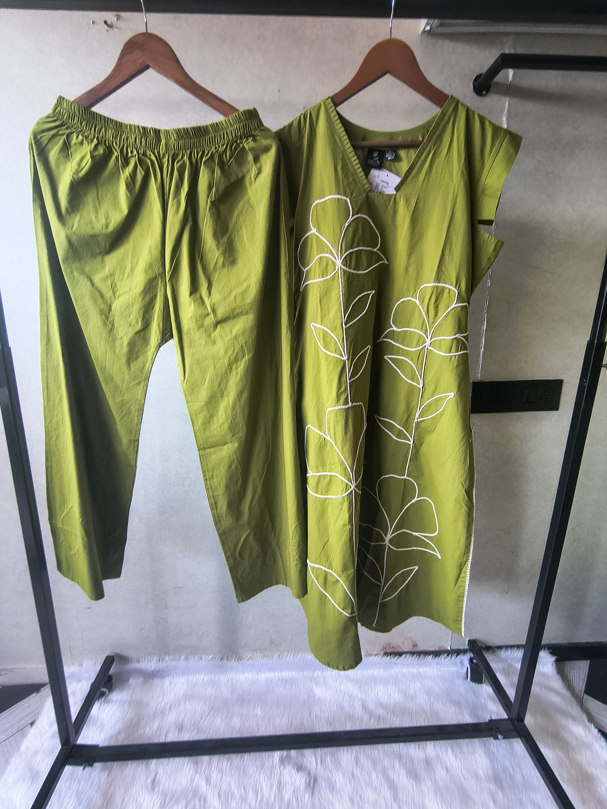 Olive Green Cotton Co-Ord Set with Abstract Floral Cord Embroidery