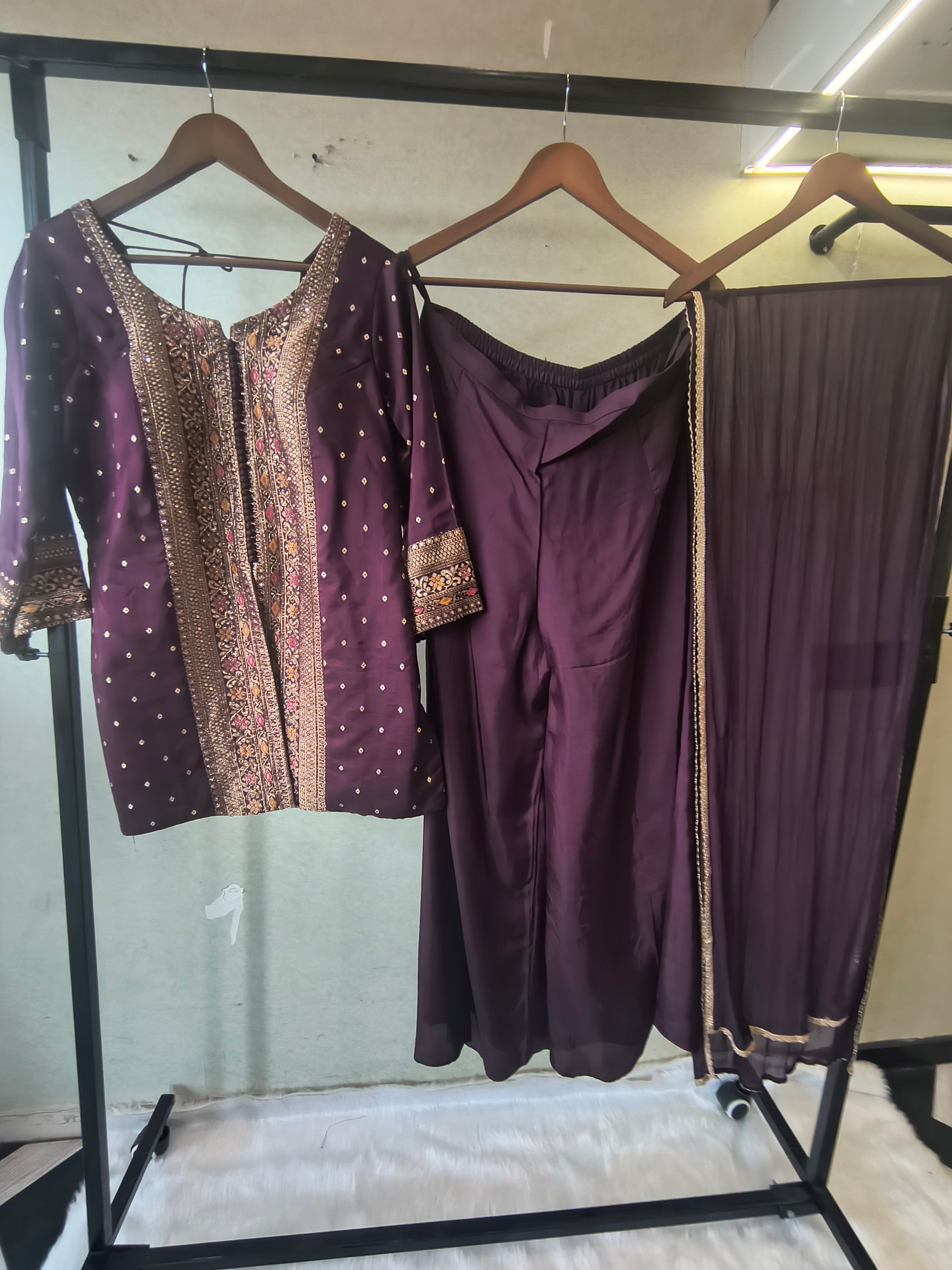 Image of Royal Purple Embroidered Straight Kurta Set with Flared Palazzo & Pleated Dupatta – Designer 3 Piece Festive Ensemble