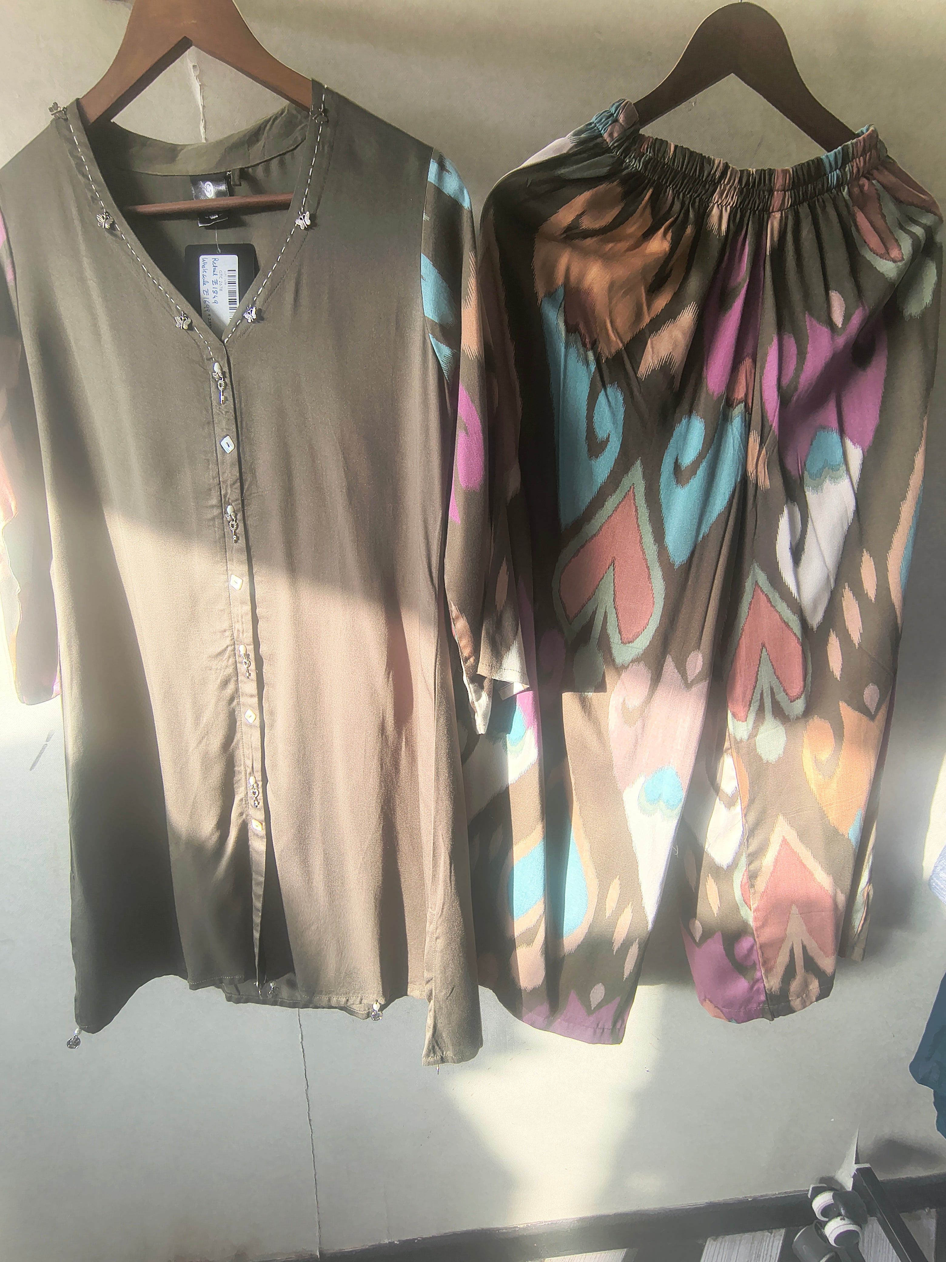 Image of Olive Green Designer Co-Ord Set with Abstract Printed Pants & Embellished Neckline